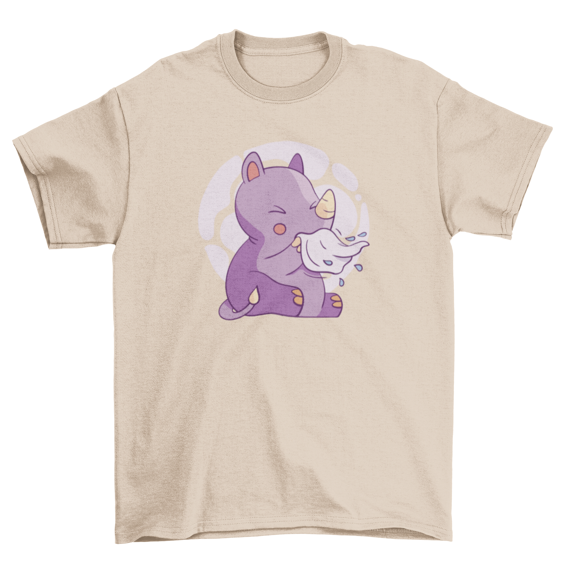 A cute t-shirt featuring a baby rhinoceros sneezing, perfect for kids.