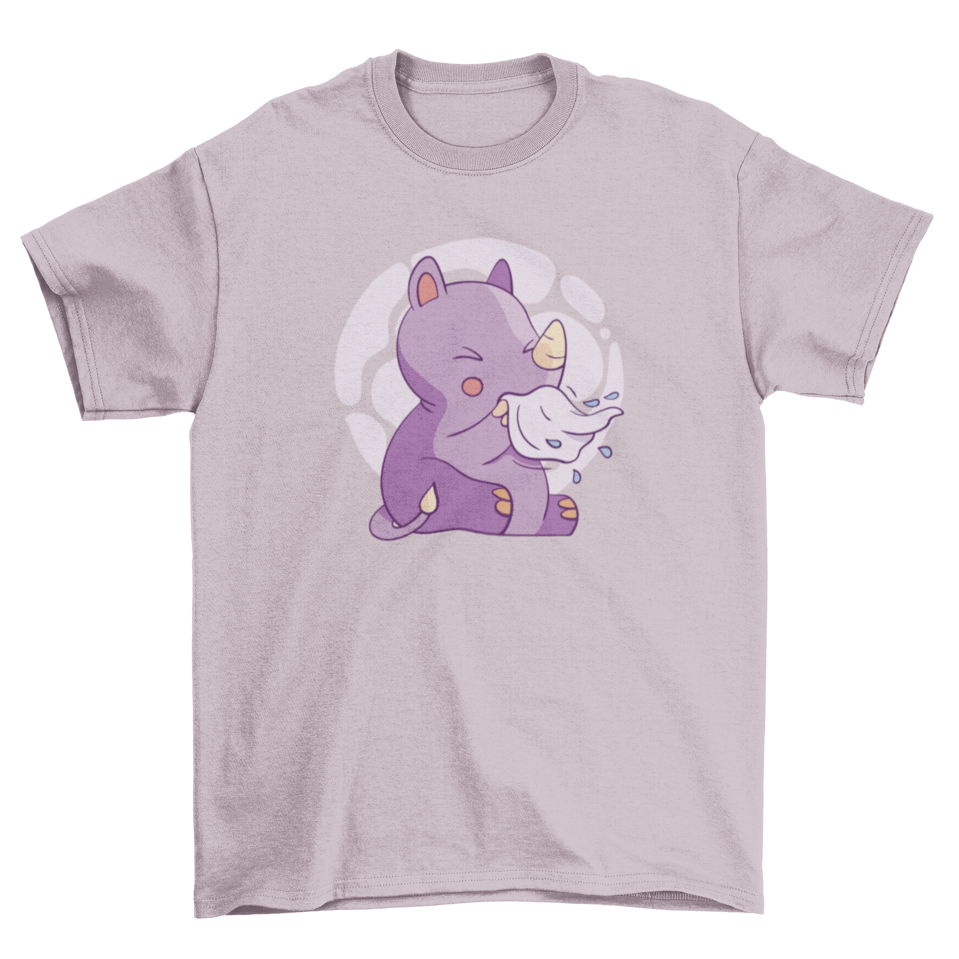 A cute t-shirt featuring a baby rhinoceros sneezing, perfect for kids.