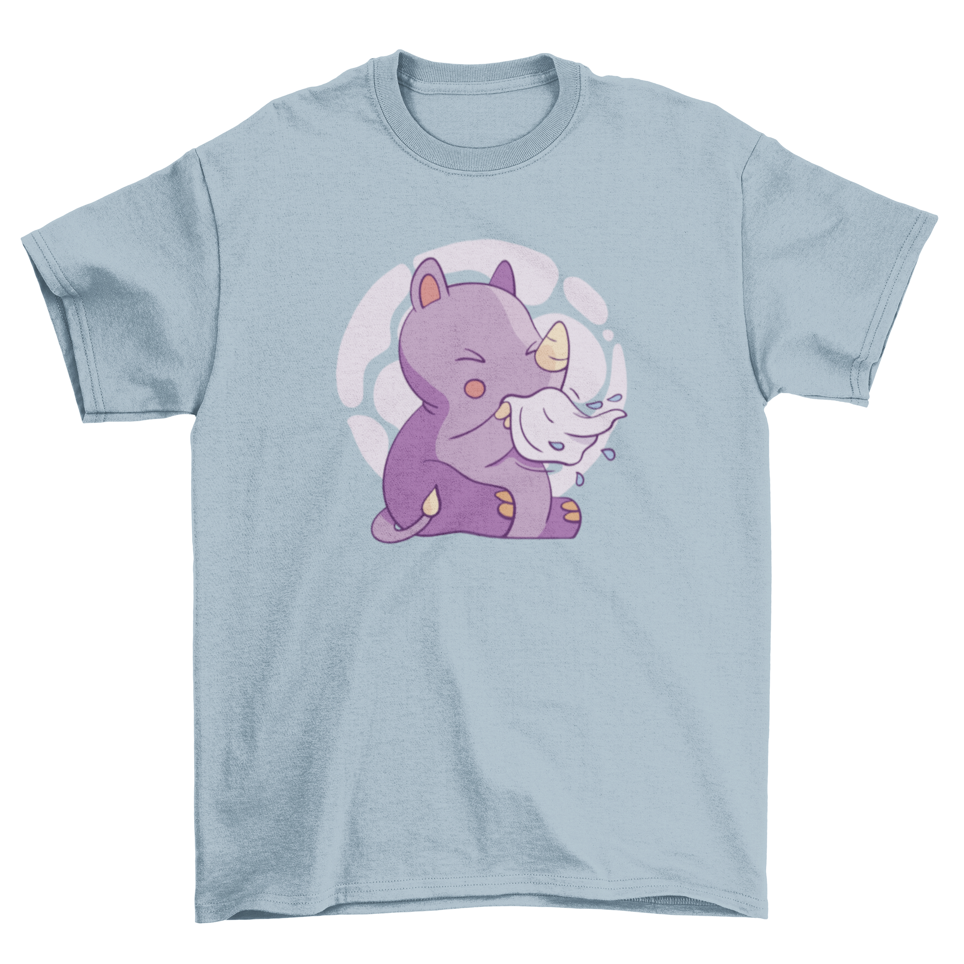 A cute t-shirt featuring a baby rhinoceros sneezing, perfect for kids.