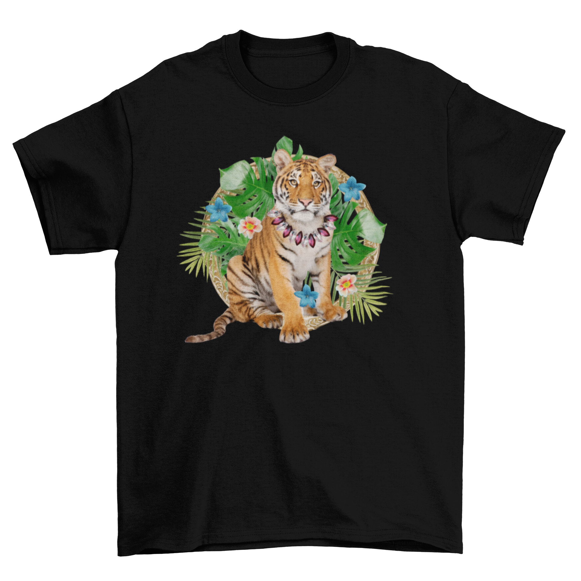 A cute baby tiger surrounded by colorful flowers and leaves on a t-shirt.