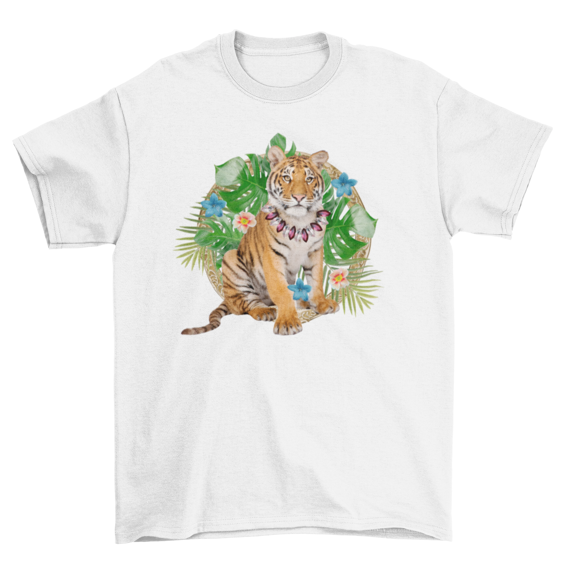 A cute baby tiger surrounded by colorful flowers and leaves on a t-shirt.