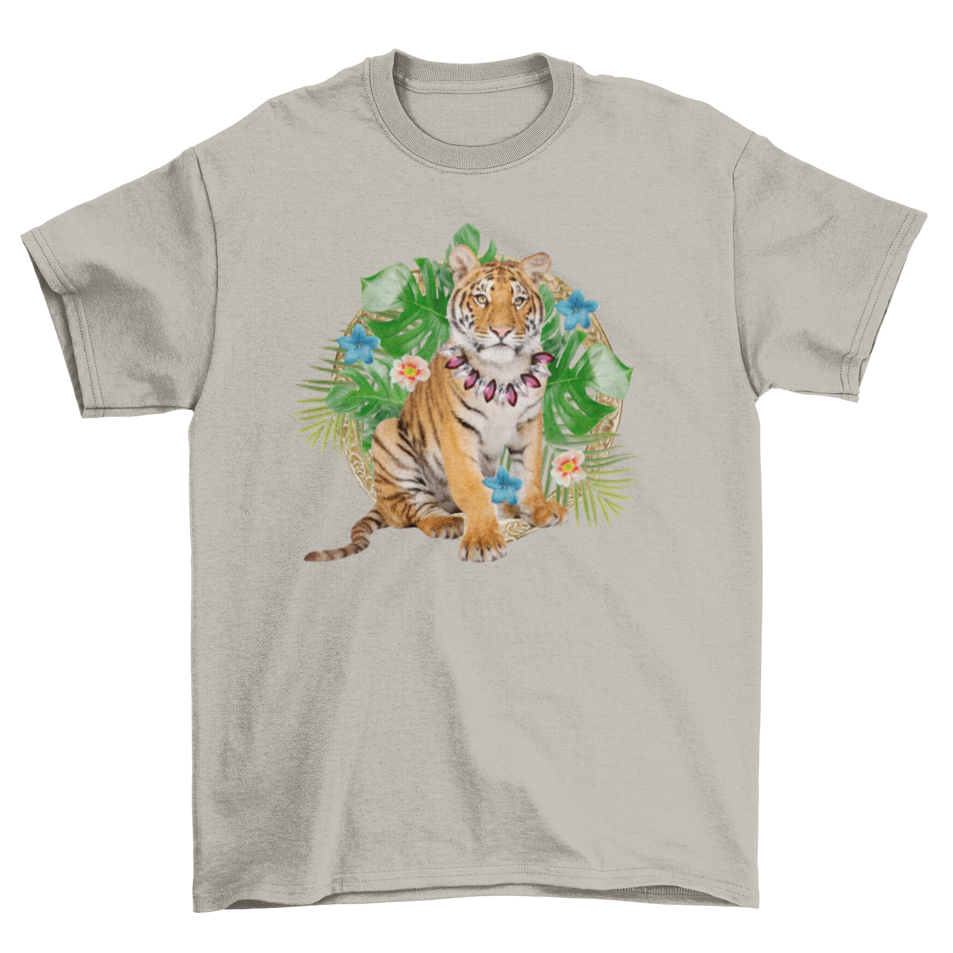 A cute baby tiger surrounded by colorful flowers and leaves on a t-shirt.