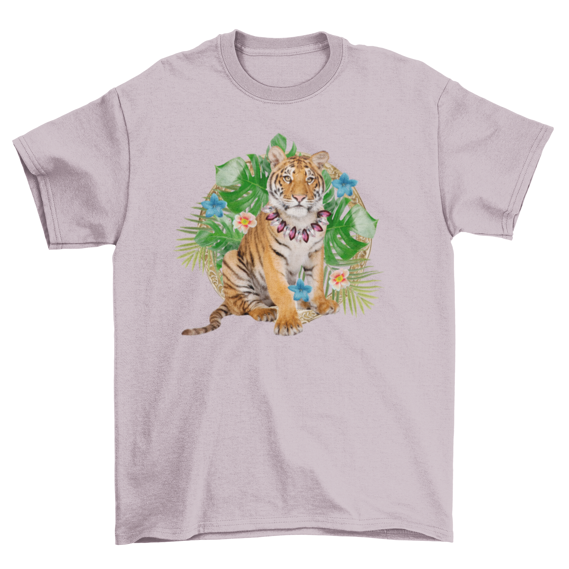 A cute baby tiger surrounded by colorful flowers and leaves on a t-shirt.