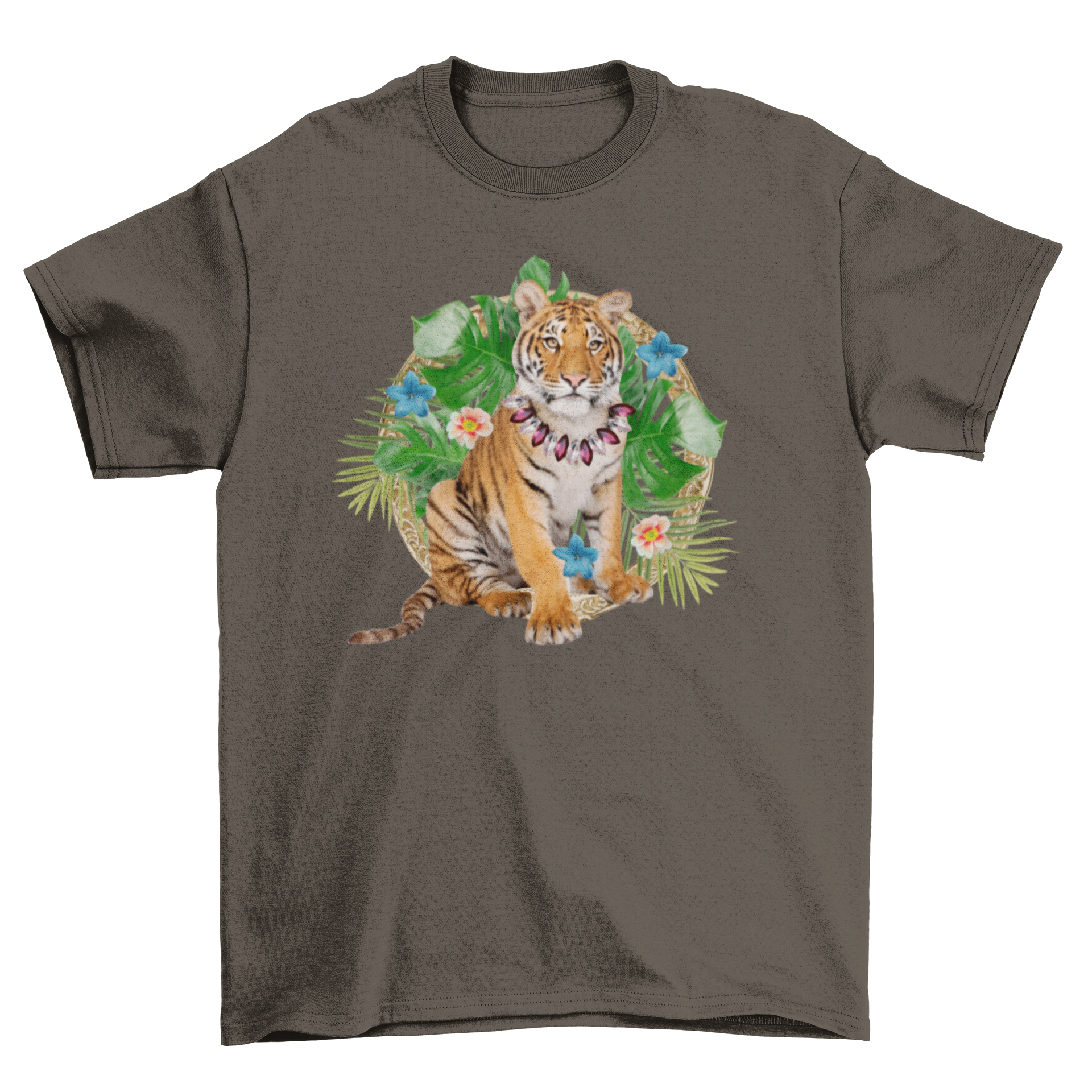 A cute baby tiger surrounded by colorful flowers and leaves on a t-shirt.