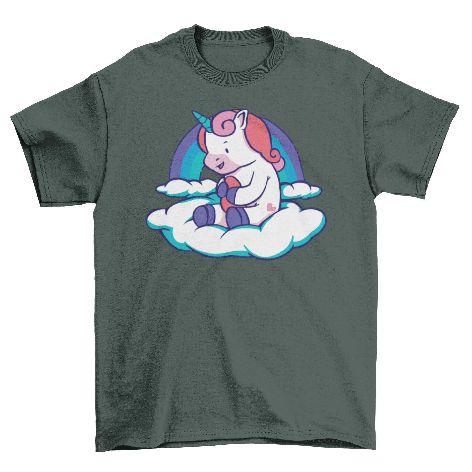 A cute baby unicorn sitting on a fluffy cloud, featured on a soft t-shirt.