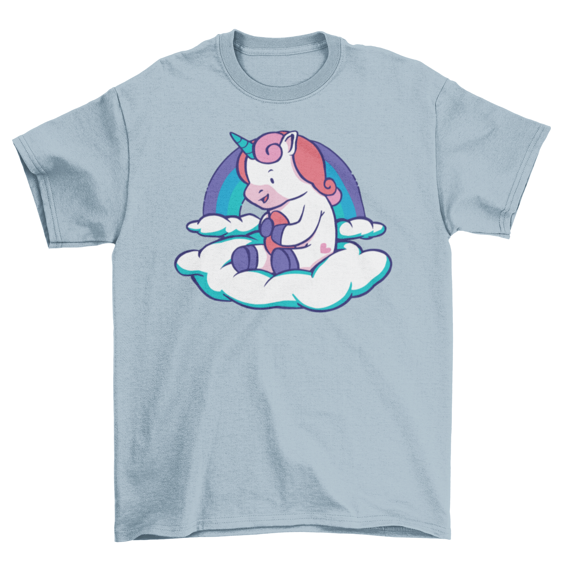 A cute baby unicorn sitting on a fluffy cloud, featured on a soft t-shirt.