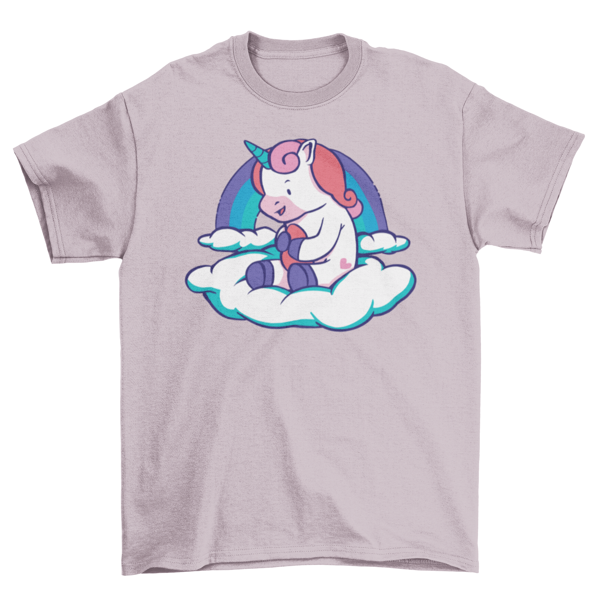 A cute baby unicorn sitting on a fluffy cloud, featured on a soft t-shirt.