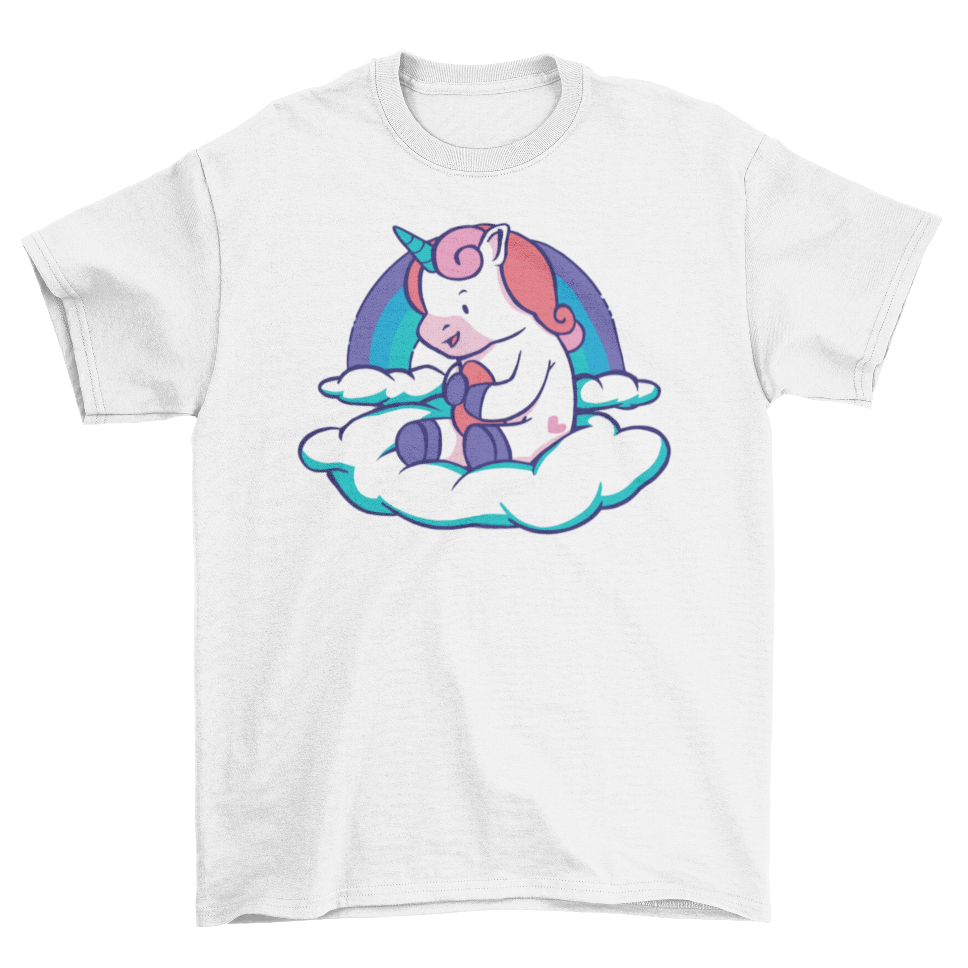 A cute baby unicorn sitting on a fluffy cloud, featured on a soft t-shirt.