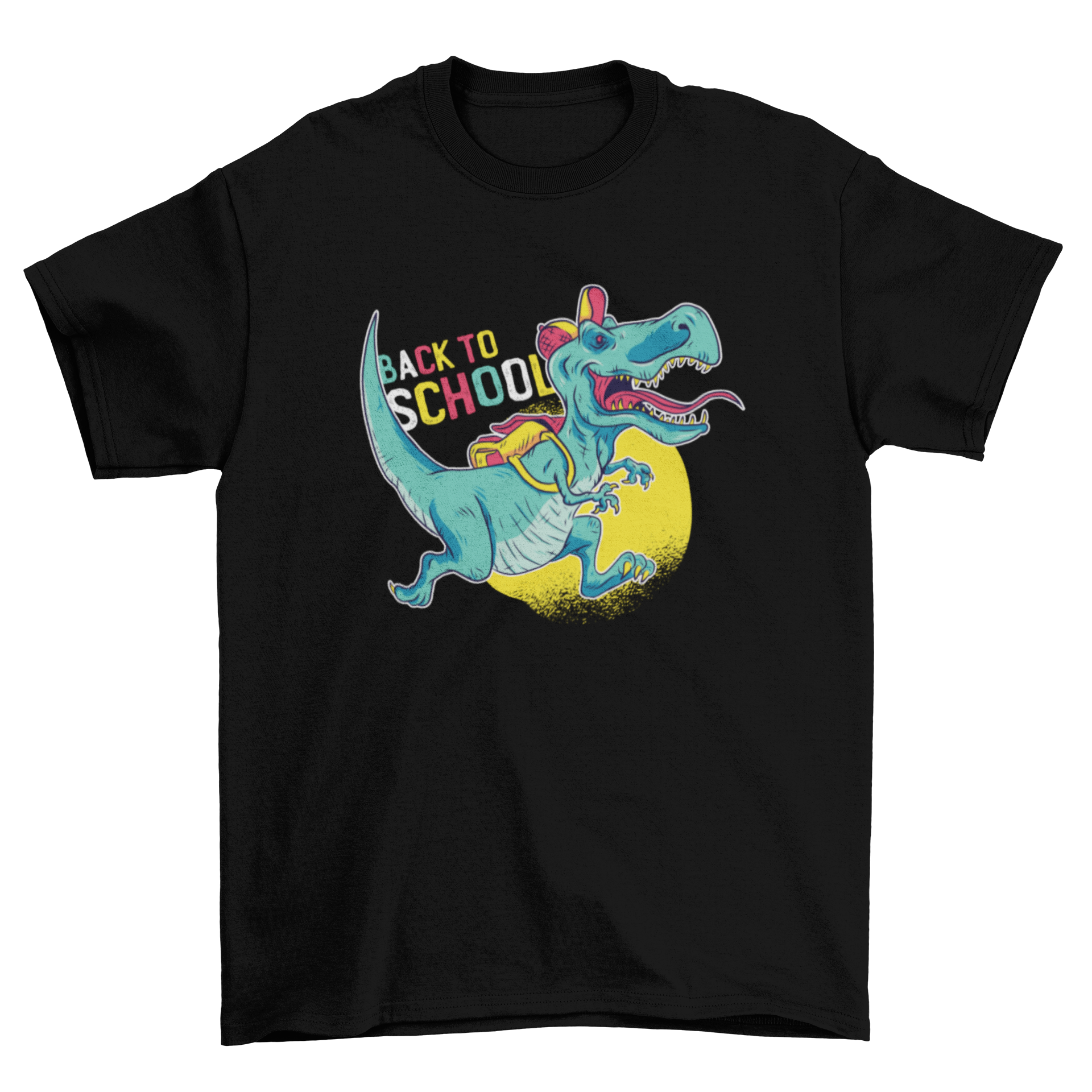 A colorful children's t-shirt featuring a playful dinosaur wearing a cap and backpack, perfect for back to school.