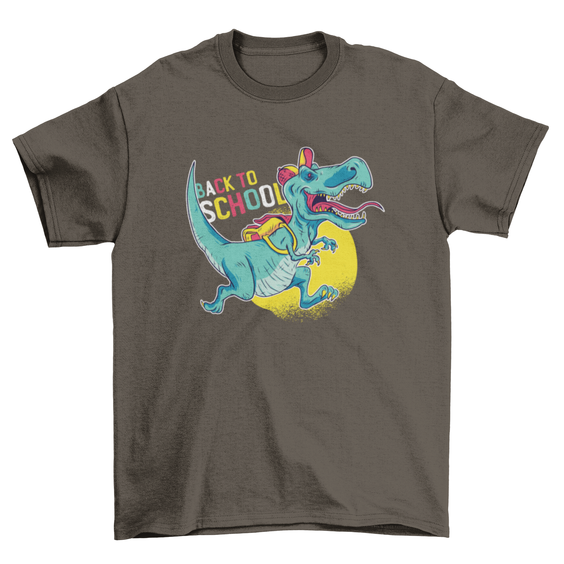 A colorful children's t-shirt featuring a playful dinosaur wearing a cap and backpack, perfect for back to school.