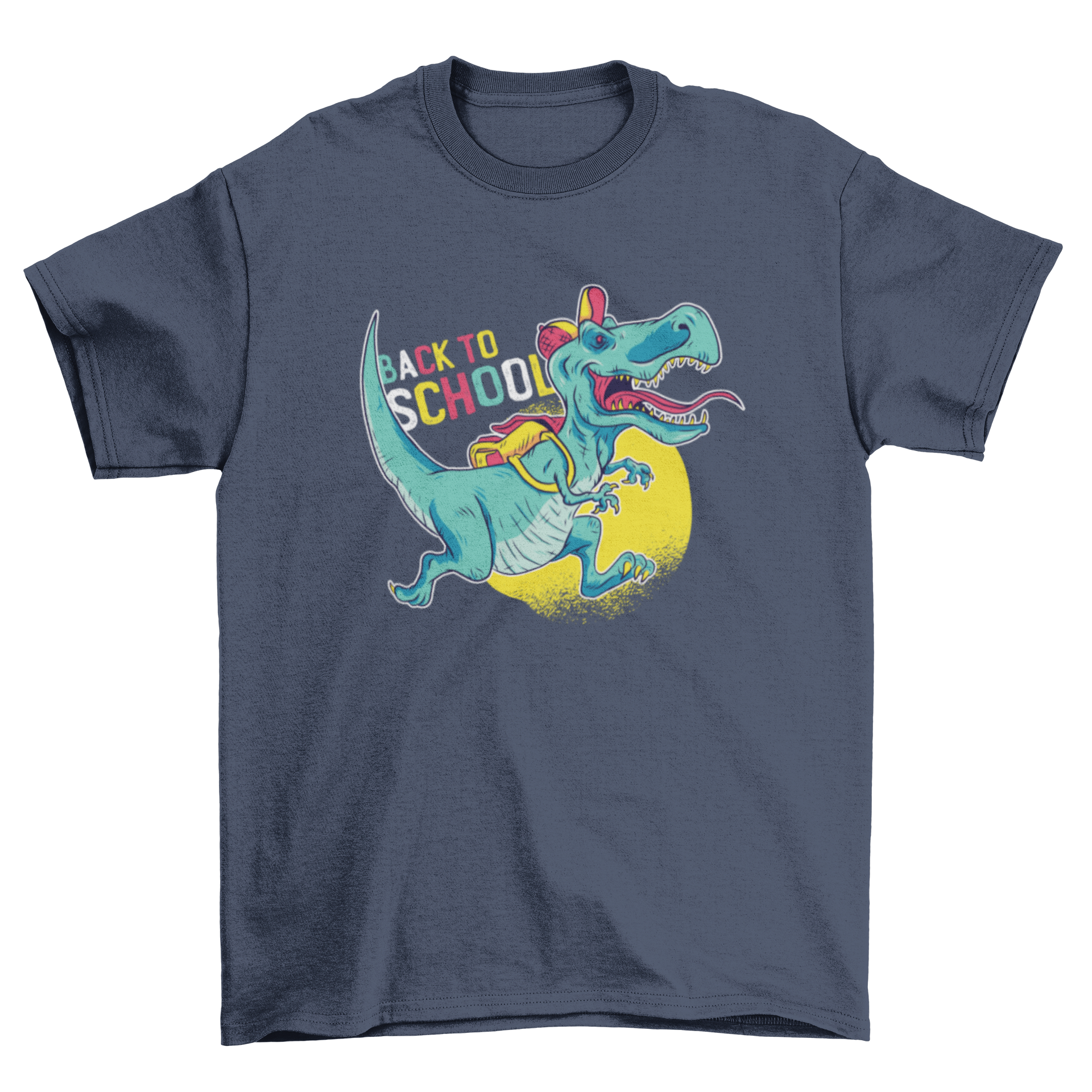 A colorful children's t-shirt featuring a playful dinosaur wearing a cap and backpack, perfect for back to school.