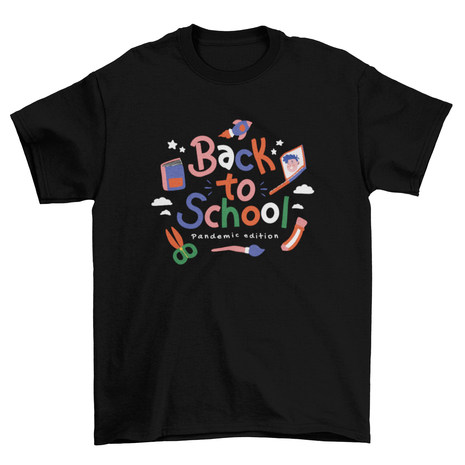 Colorful t-shirt featuring the quote 'Back to school - pandemic edition' designed for students.