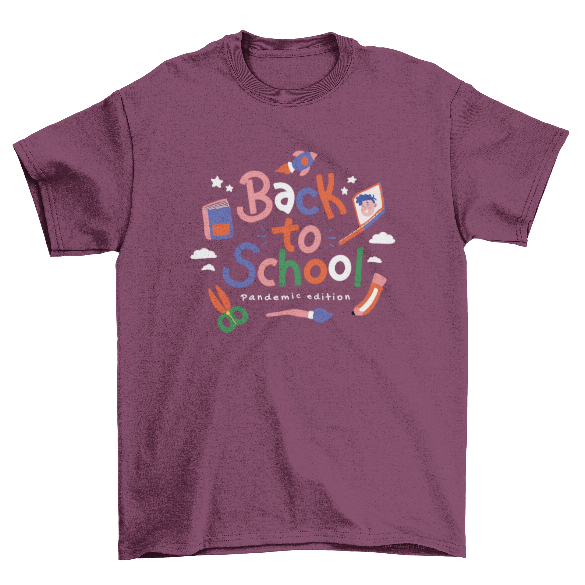 Colorful t-shirt featuring the quote 'Back to school - pandemic edition' designed for students.