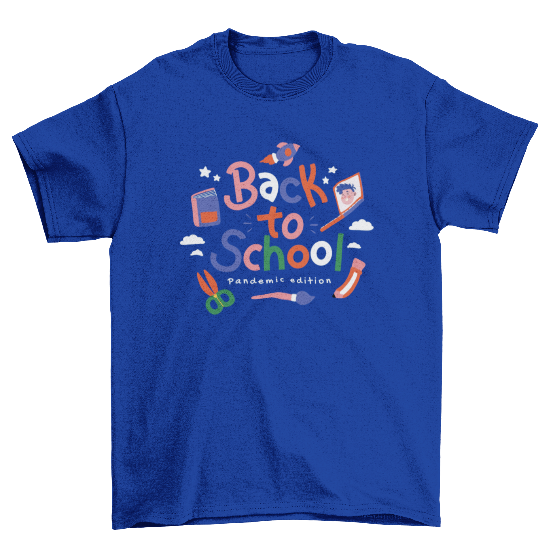 Colorful t-shirt featuring the quote 'Back to school - pandemic edition' designed for students.