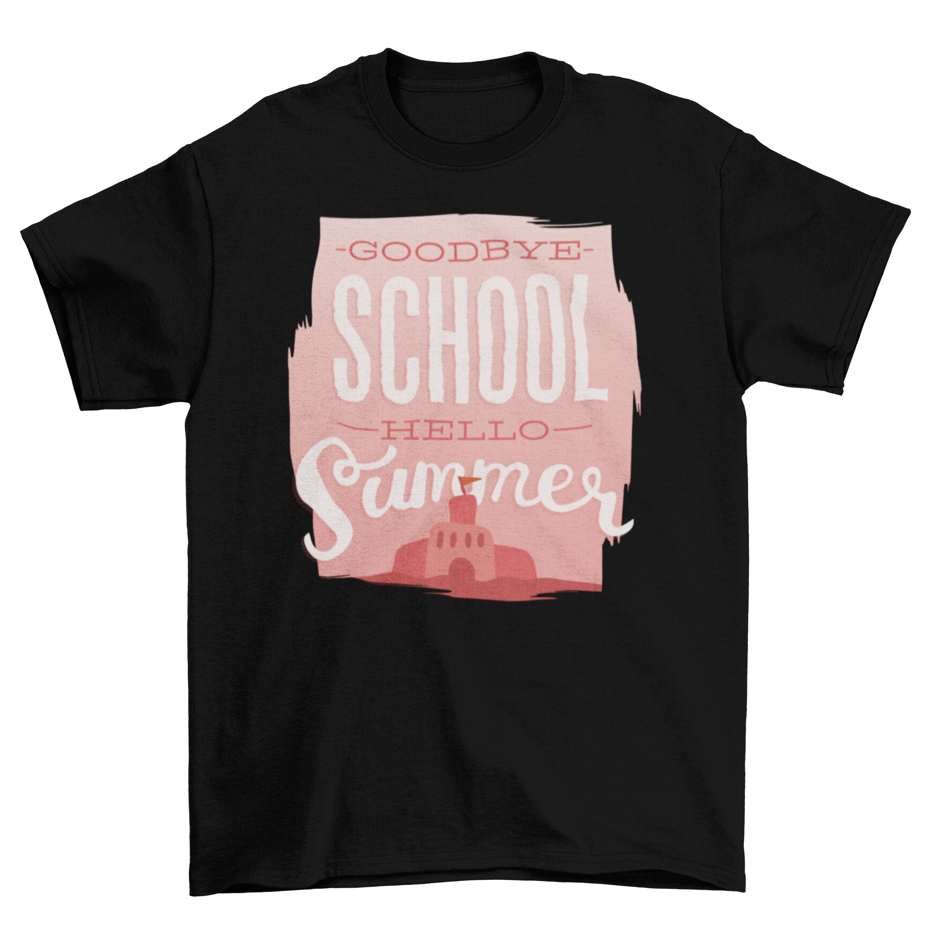 Back To School T-shirt with sand castle illustration and 'Goodbye School Hello Summer' text.