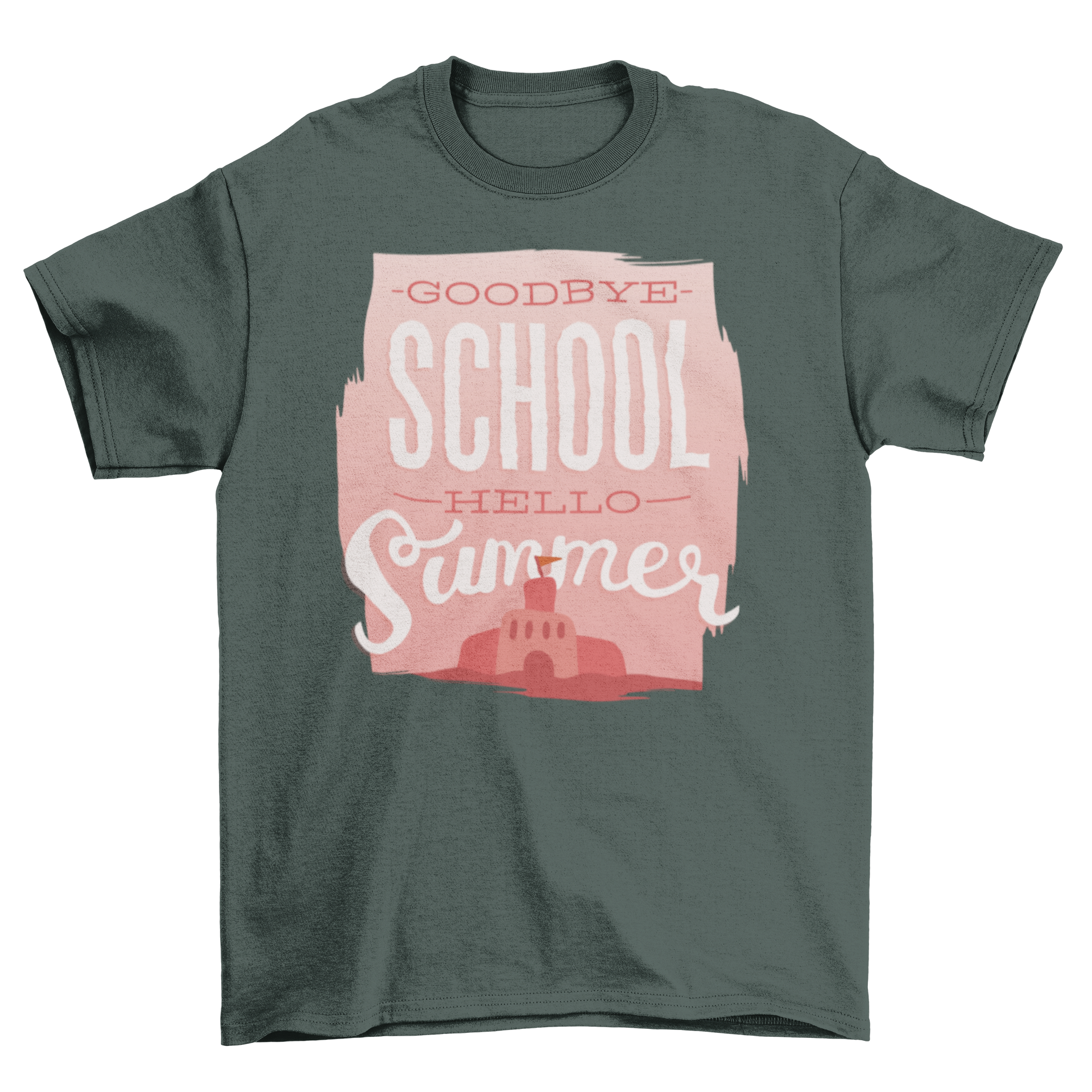 Back To School T-shirt with sand castle illustration and 'Goodbye School Hello Summer' text.