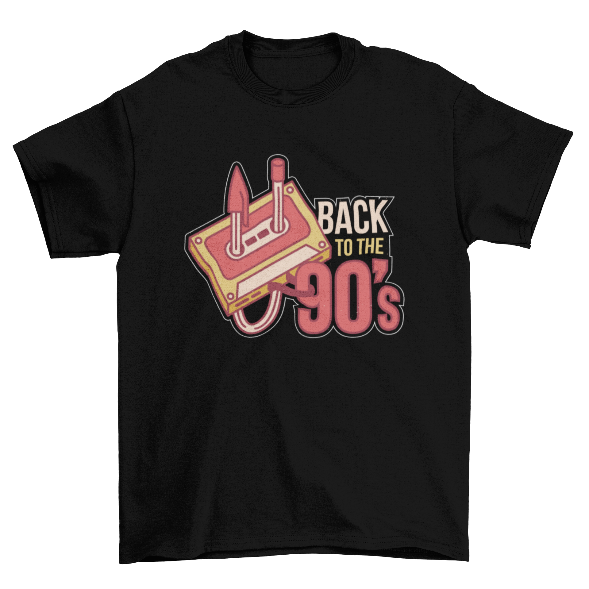 Back to the 90's t-shirt featuring bold lettering and a colorful cassette illustration.