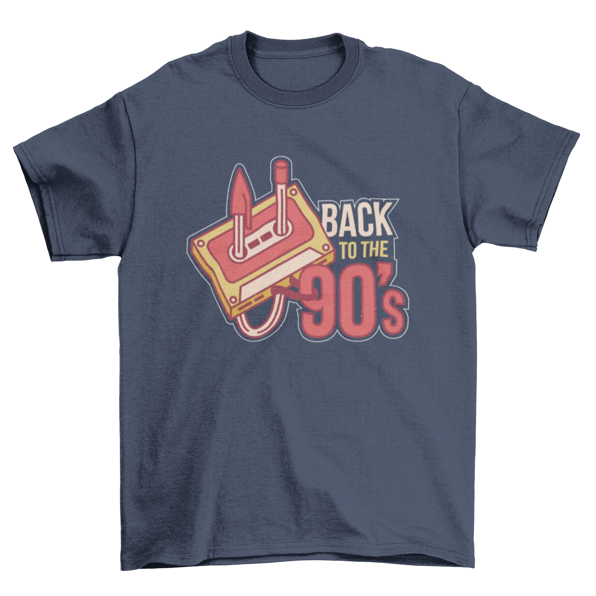 Back to the 90's t-shirt featuring bold lettering and a colorful cassette illustration.