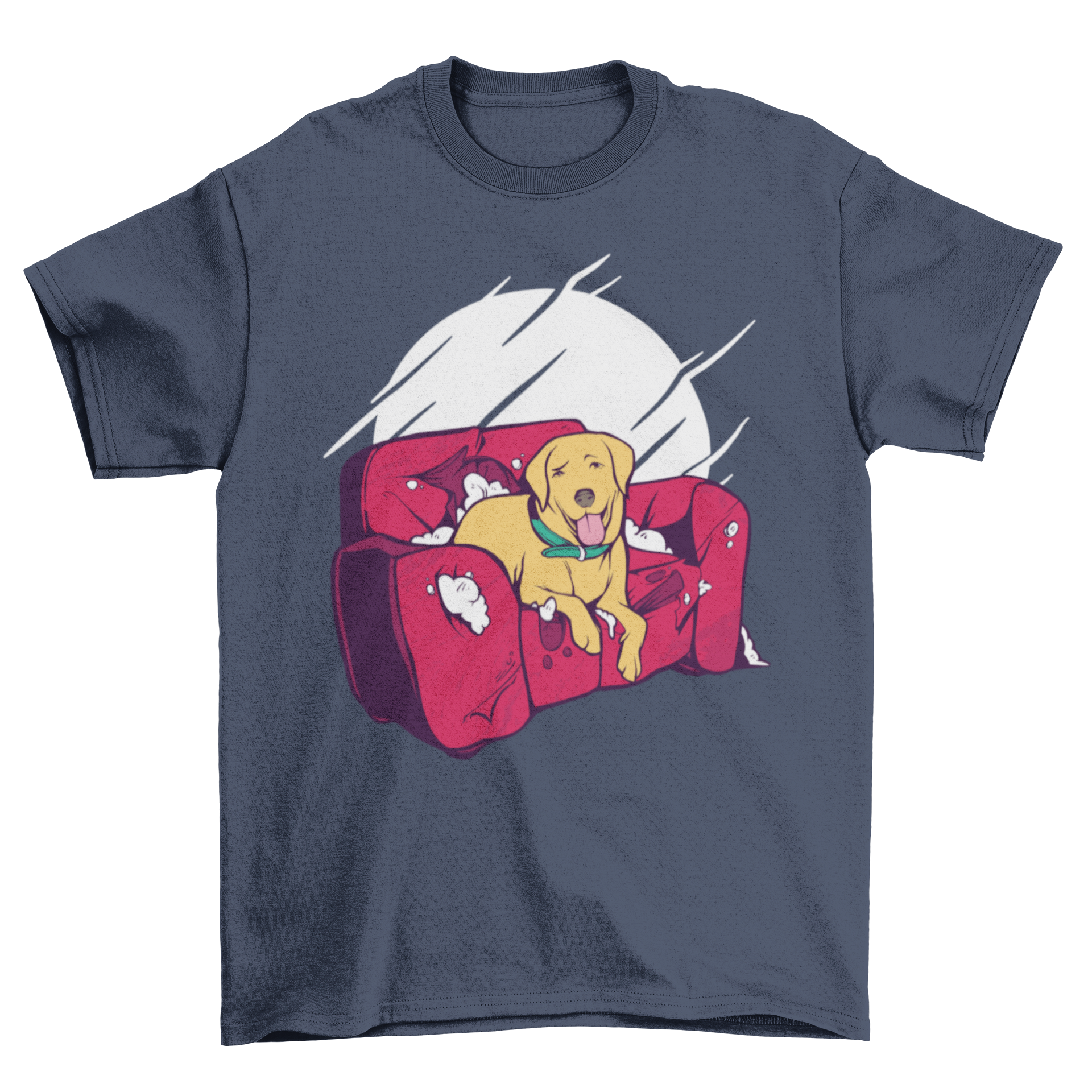 A humorous t-shirt featuring a dog sitting on a destroyed couch, showcasing a funny design for dog lovers.