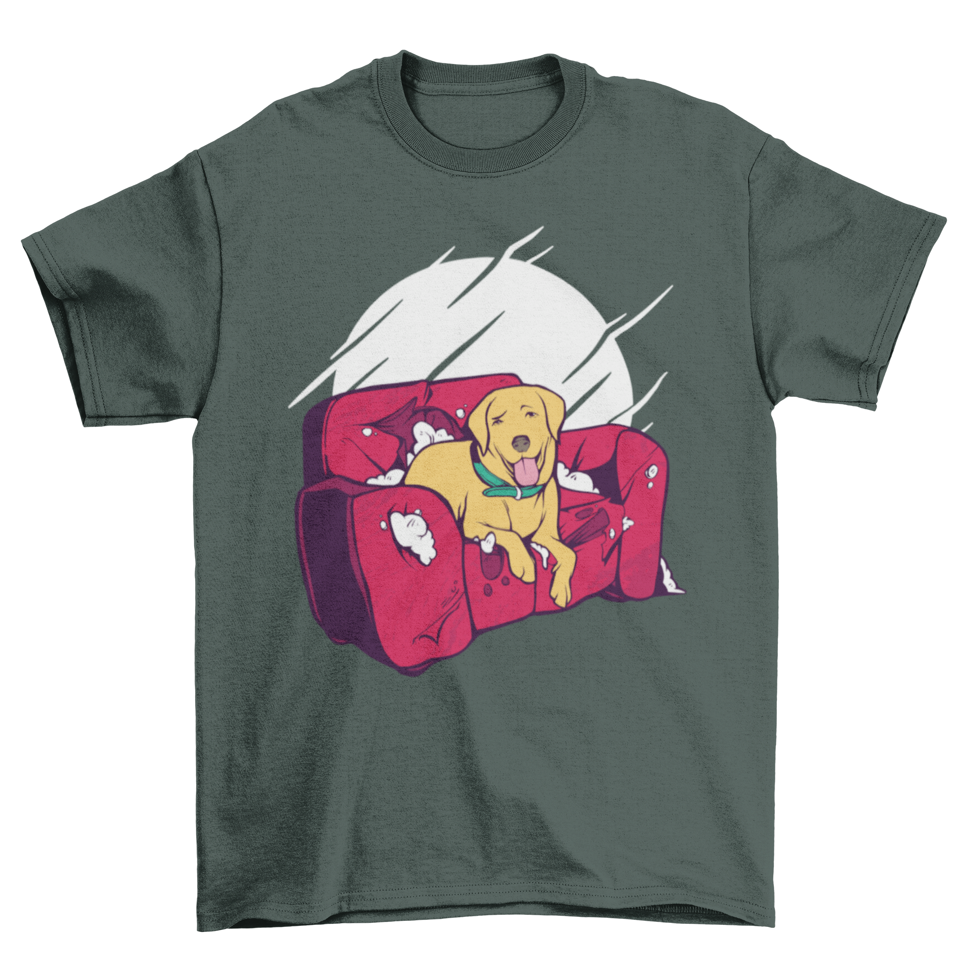 A humorous t-shirt featuring a dog sitting on a destroyed couch, showcasing a funny design for dog lovers.