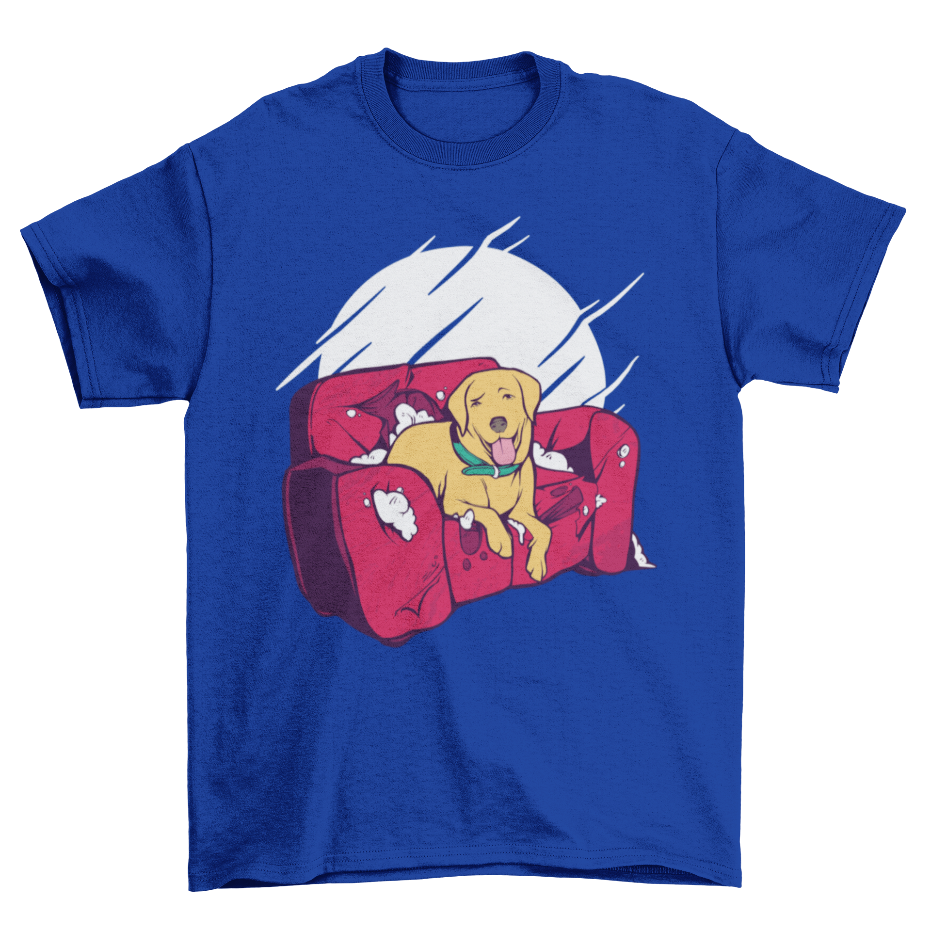 A humorous t-shirt featuring a dog sitting on a destroyed couch, showcasing a funny design for dog lovers.