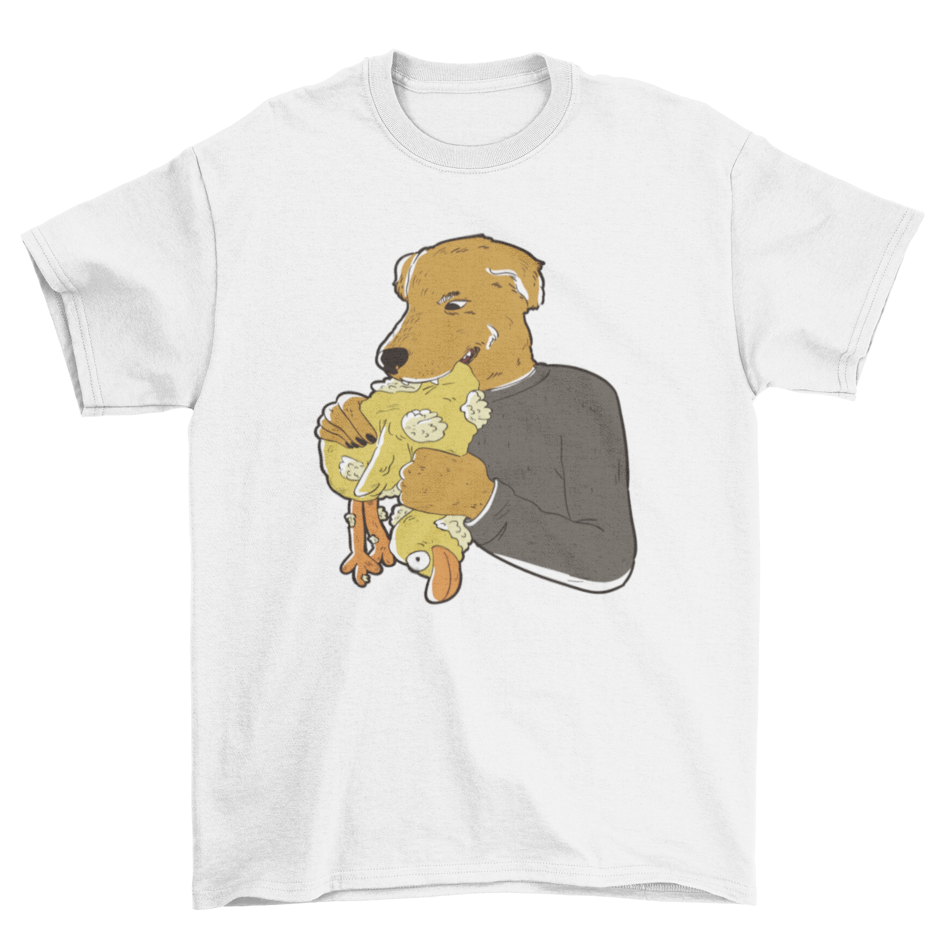 A playful T-shirt design featuring a dog with a human body biting a stuffed duck, showcasing humor and creativity.