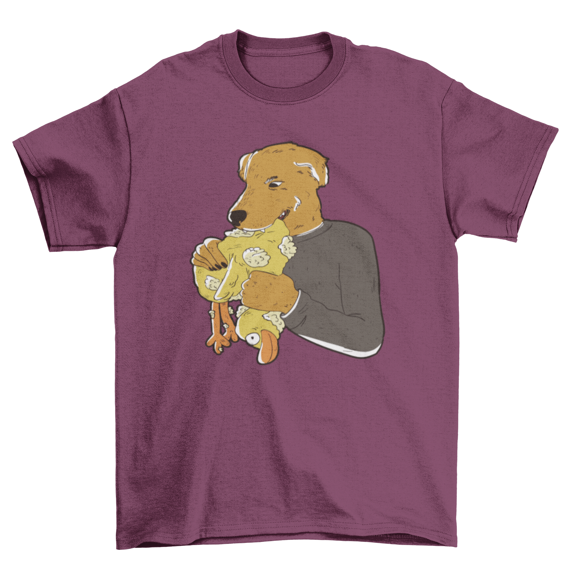 A playful T-shirt design featuring a dog with a human body biting a stuffed duck, showcasing humor and creativity.