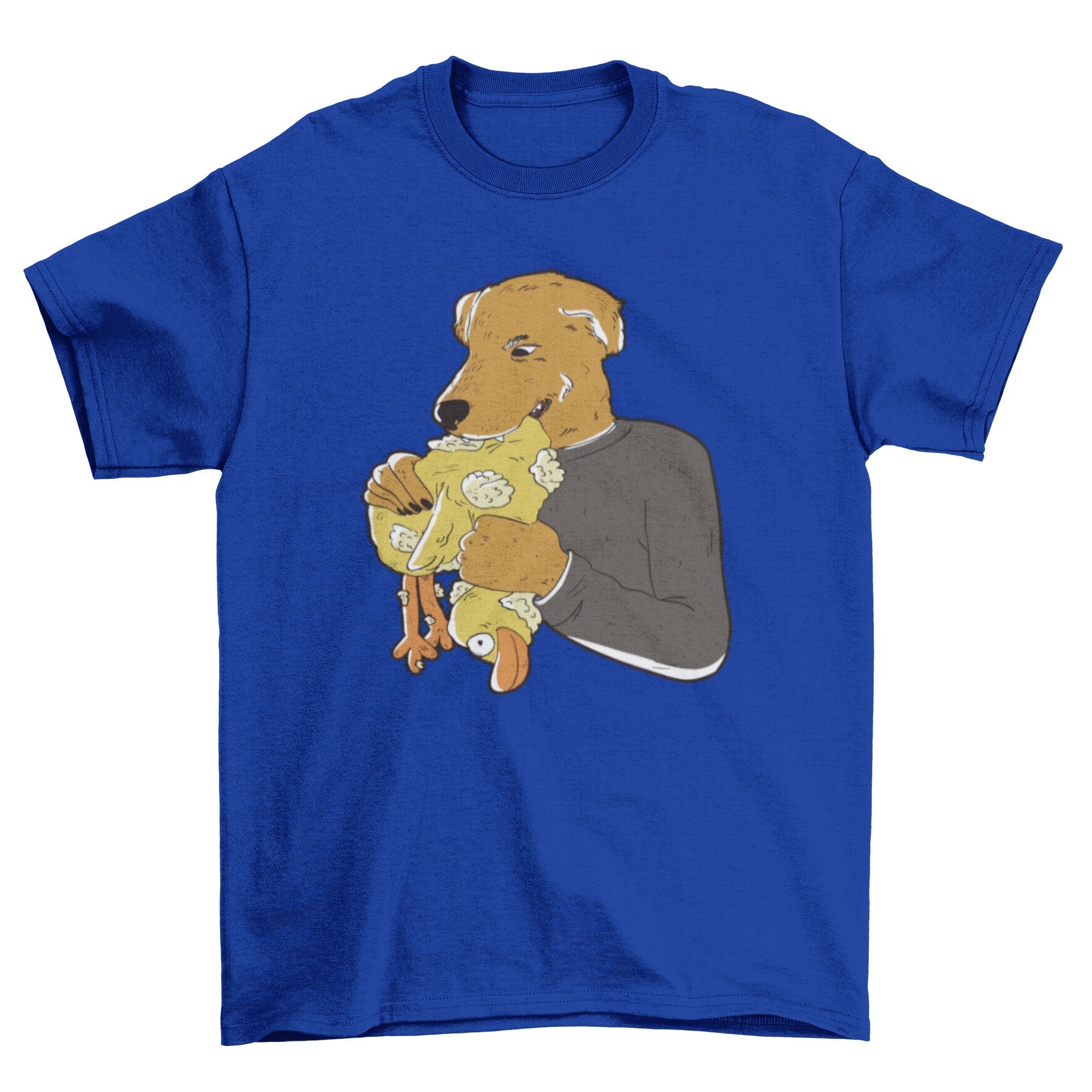 A playful T-shirt design featuring a dog with a human body biting a stuffed duck, showcasing humor and creativity.