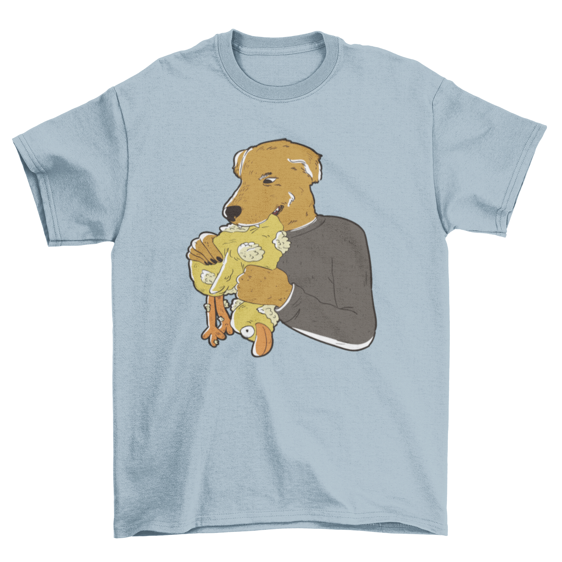 A playful T-shirt design featuring a dog with a human body biting a stuffed duck, showcasing humor and creativity.