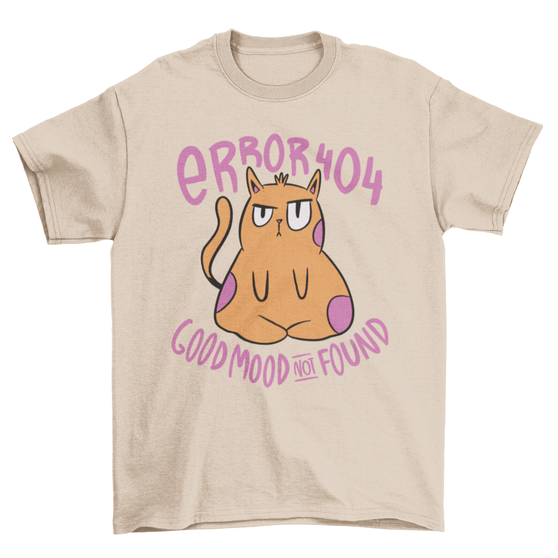 A cartoon-style t-shirt featuring a grumpy cat with the quote 'Error 404 Good mood not found', showcasing a humorous design.