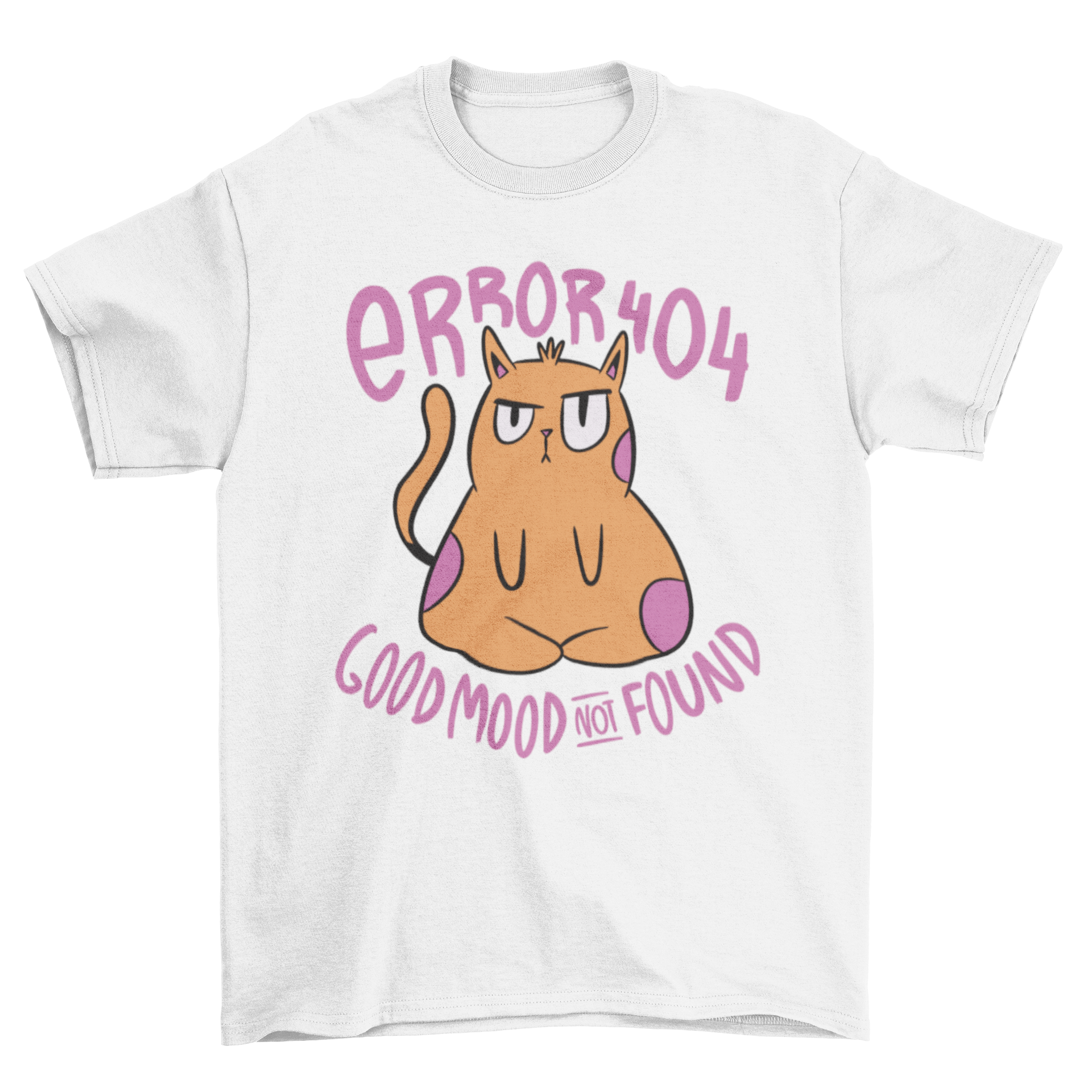 A cartoon-style t-shirt featuring a grumpy cat with the quote 'Error 404 Good mood not found', showcasing a humorous design.