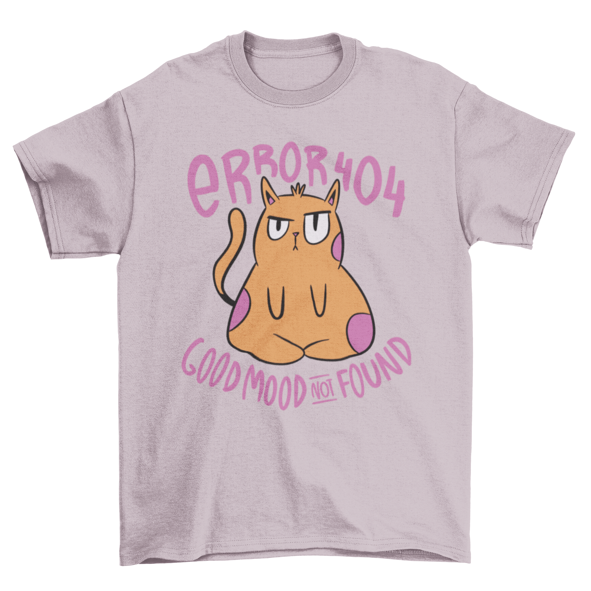 A cartoon-style t-shirt featuring a grumpy cat with the quote 'Error 404 Good mood not found', showcasing a humorous design.