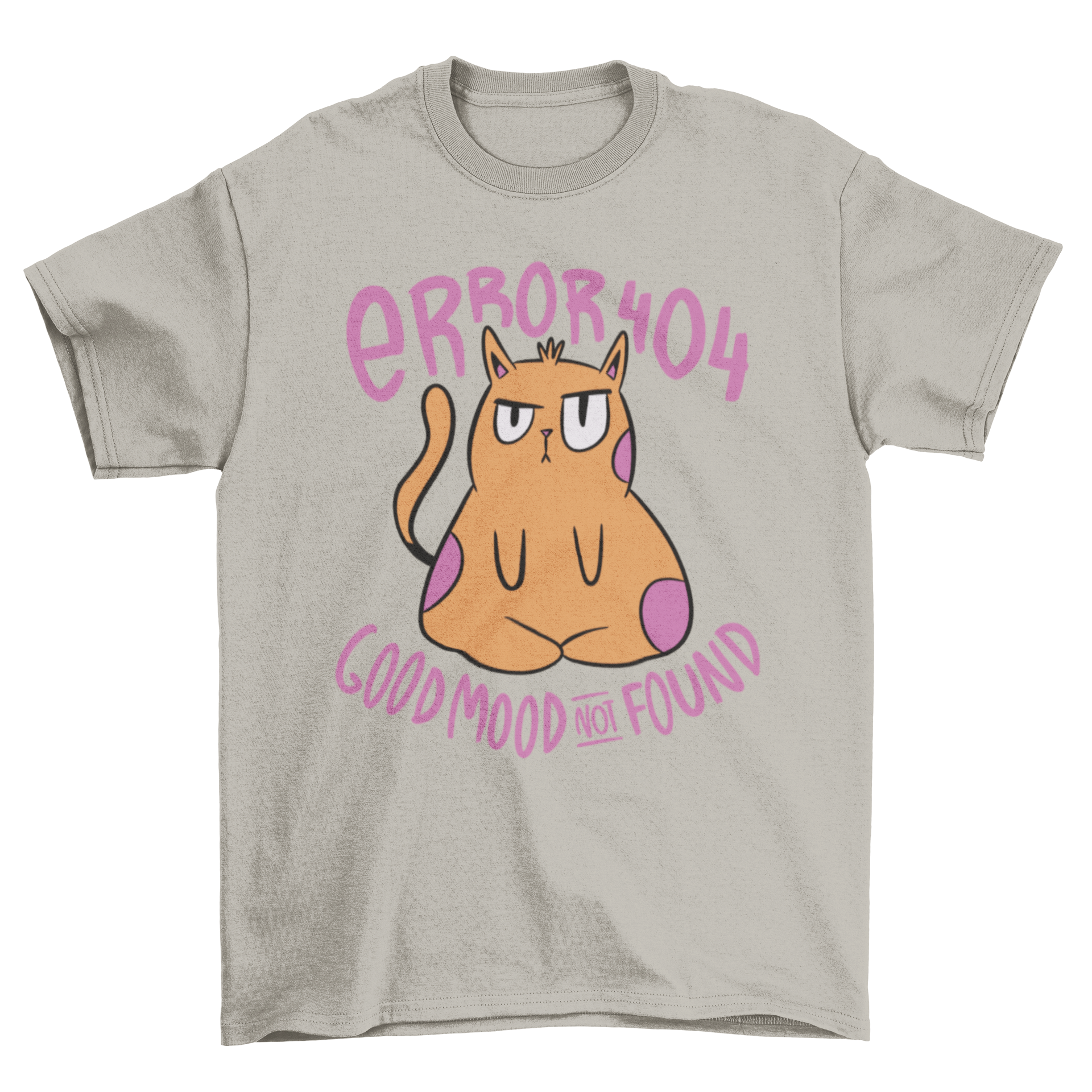 A cartoon-style t-shirt featuring a grumpy cat with the quote 'Error 404 Good mood not found', showcasing a humorous design.