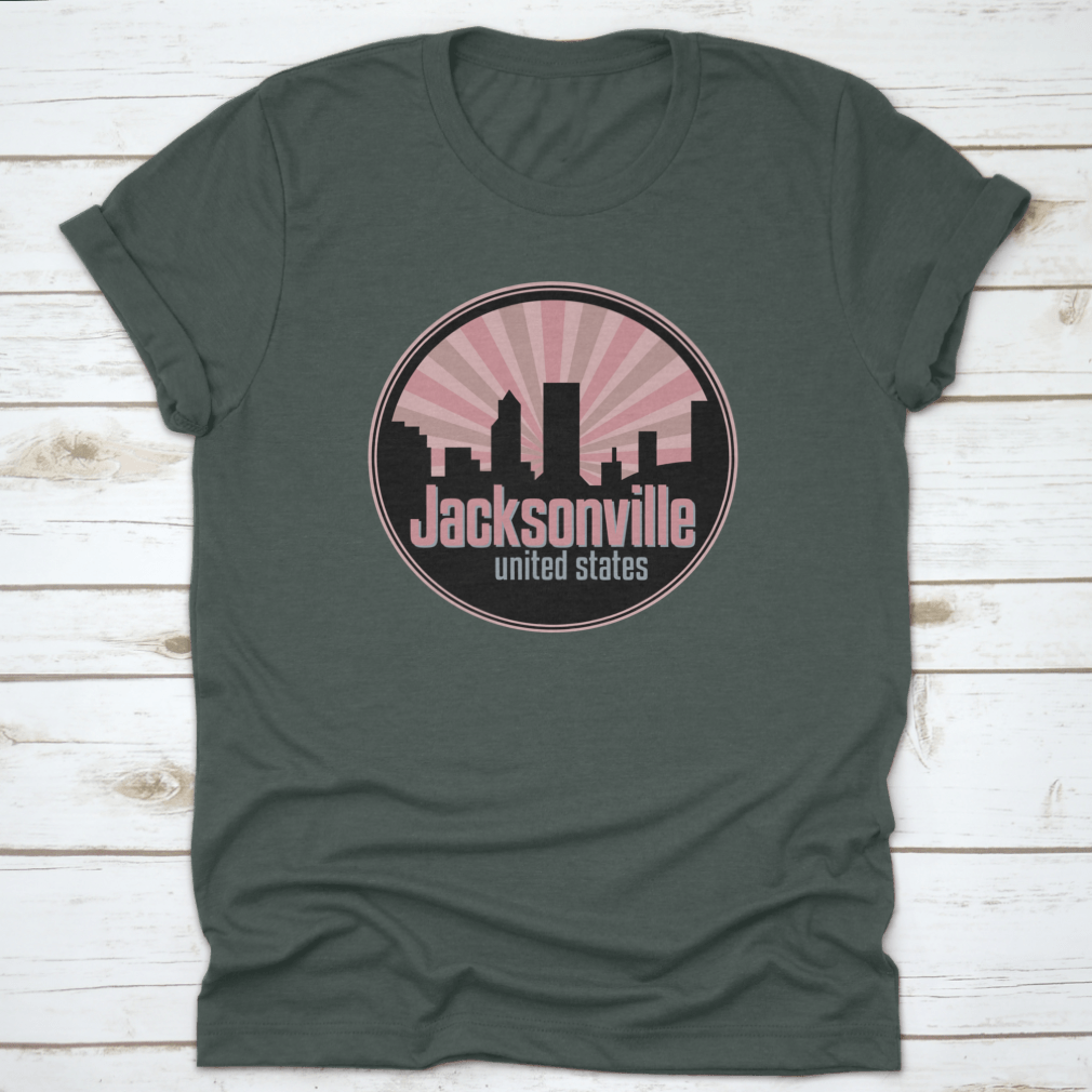 Vector illustration of the Jacksonville skyline, showcasing iconic buildings and landmarks in a stylish badge design.