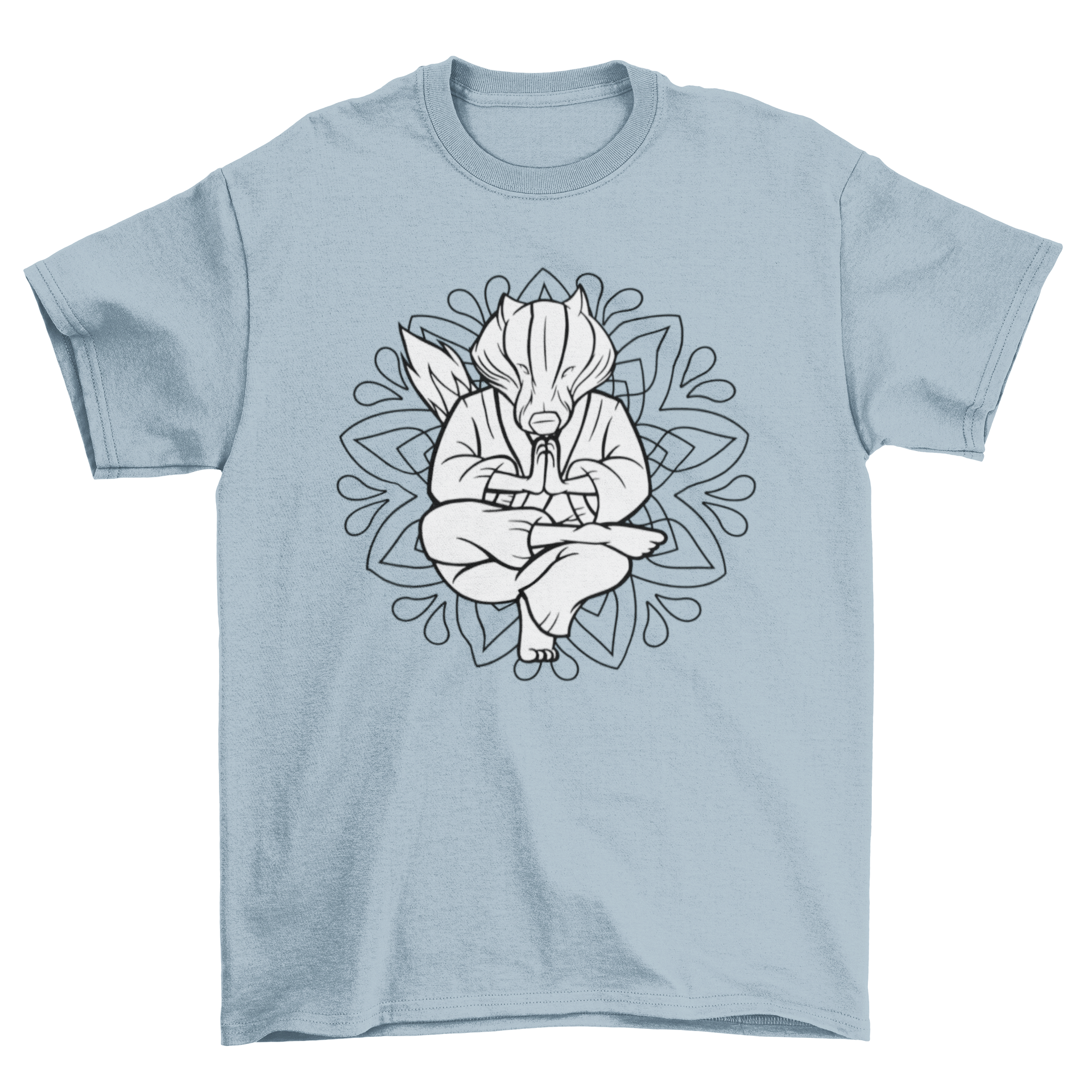 A stylish Badger Mandala T-Shirt featuring a meditating badger illustration over a colorful mandala design.