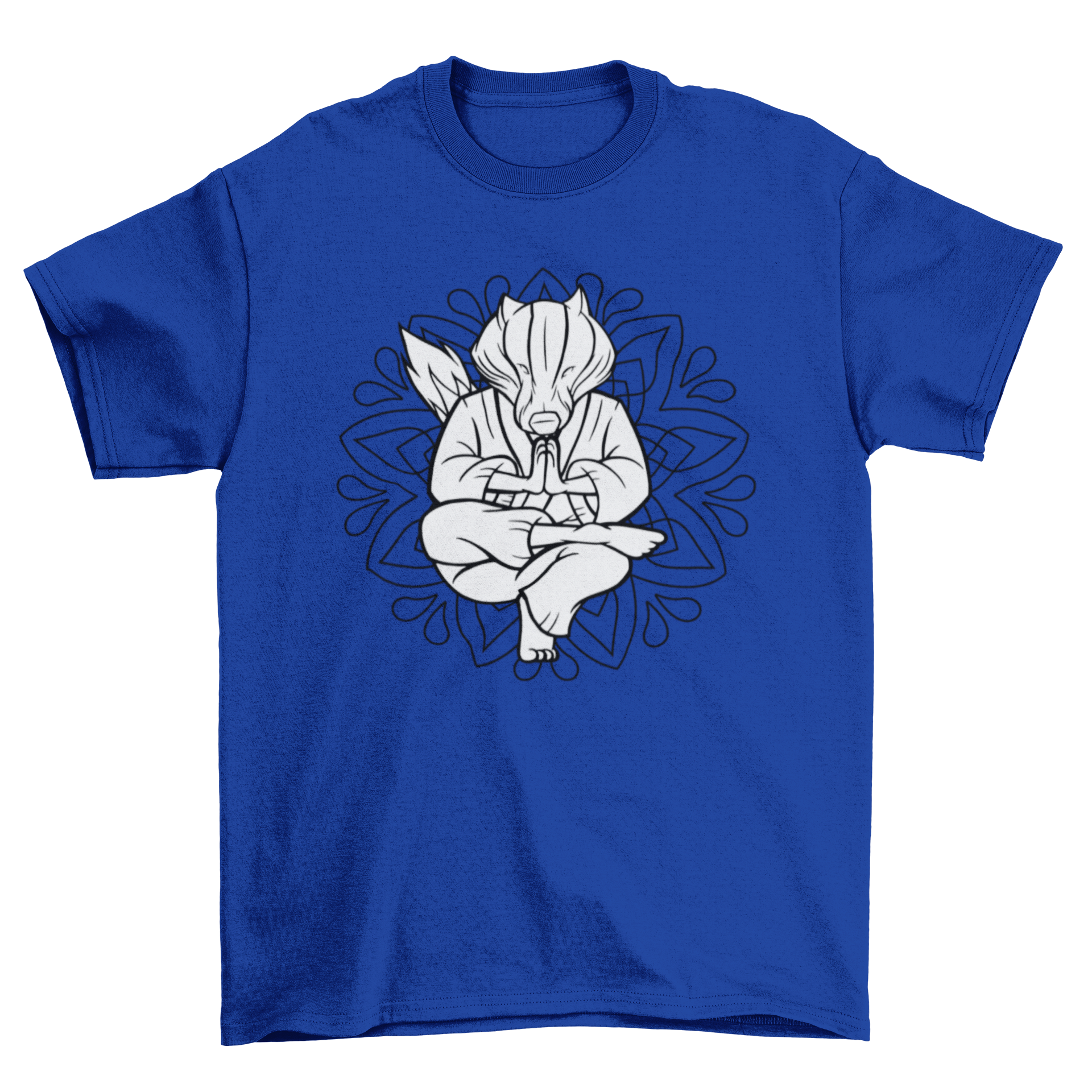 A stylish Badger Mandala T-Shirt featuring a meditating badger illustration over a colorful mandala design.