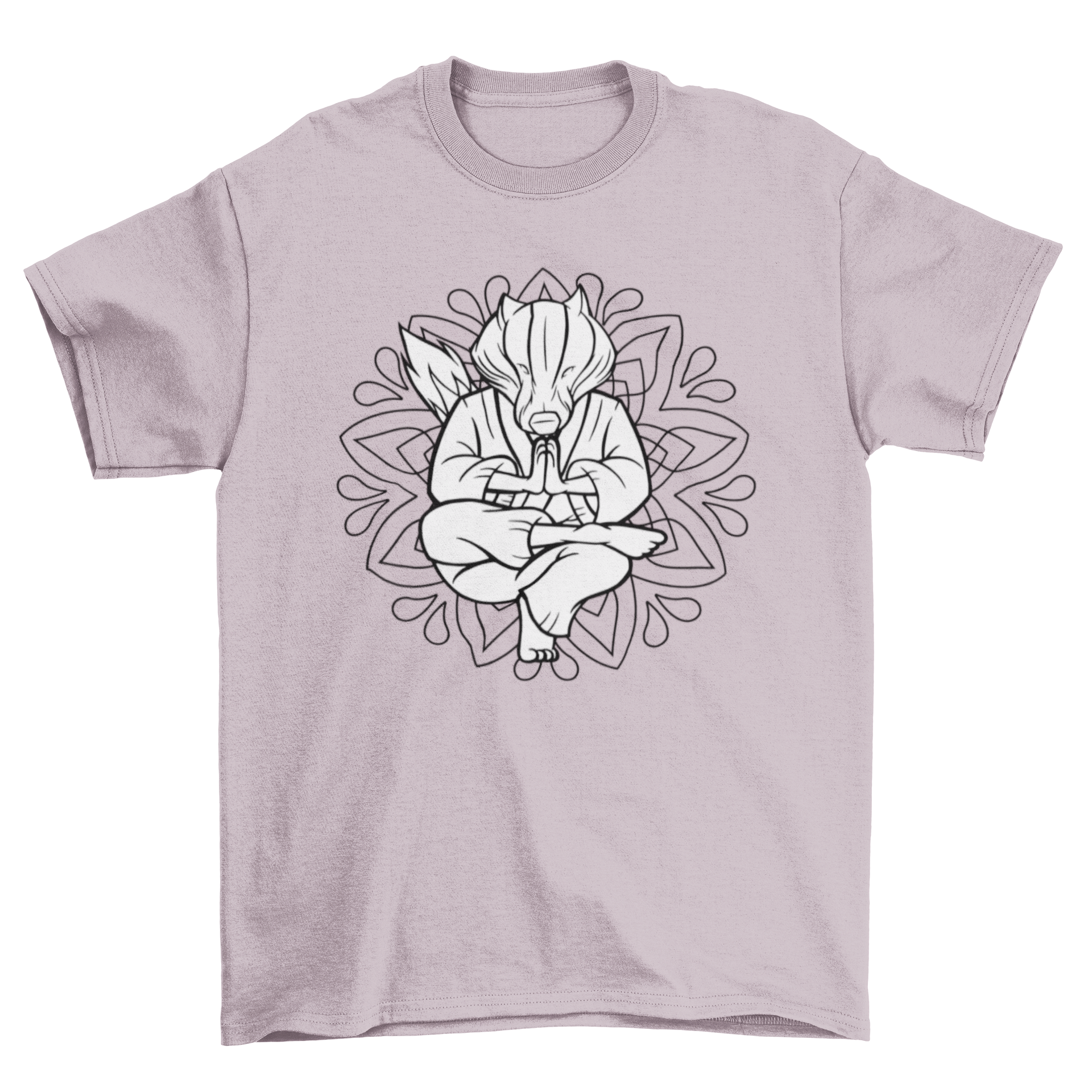 A stylish Badger Mandala T-Shirt featuring a meditating badger illustration over a colorful mandala design.