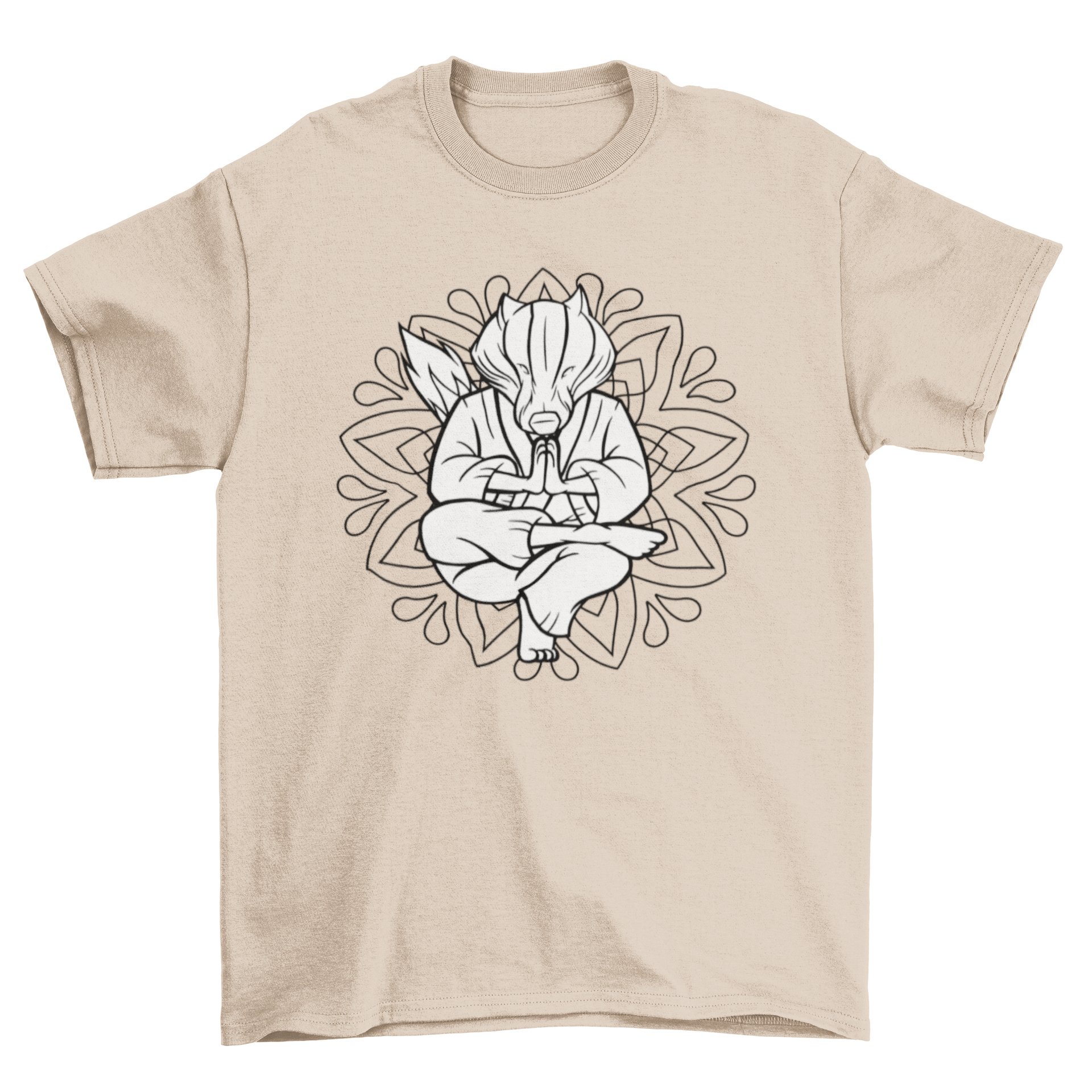 A stylish Badger Mandala T-Shirt featuring a meditating badger illustration over a colorful mandala design.