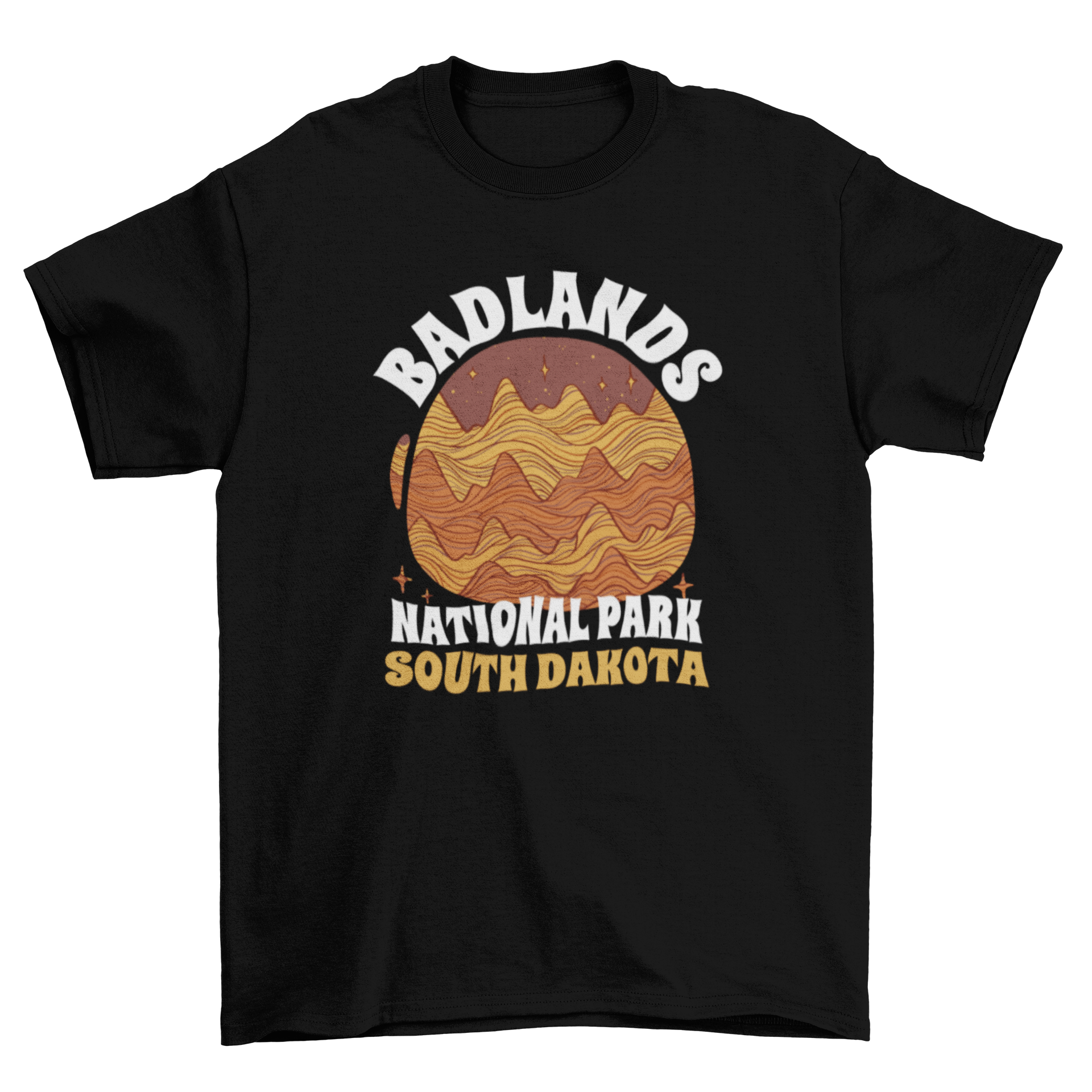 A stylish t-shirt featuring rock formations and the quote 'Badlands National Park South Dakota', perfect for outdoor lovers.