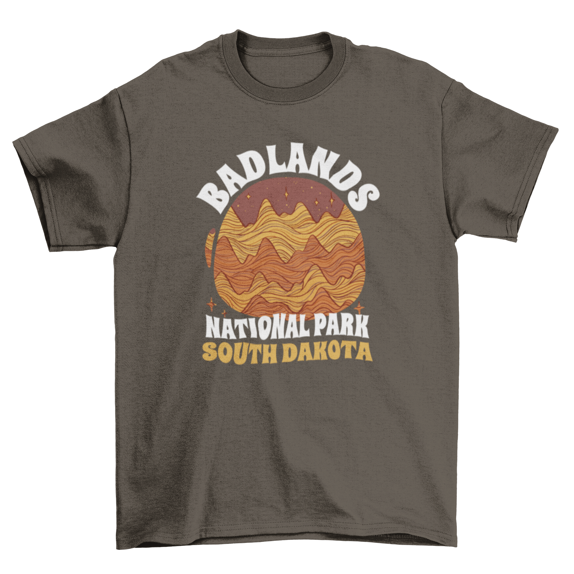 A stylish t-shirt featuring rock formations and the quote 'Badlands National Park South Dakota', perfect for outdoor lovers.