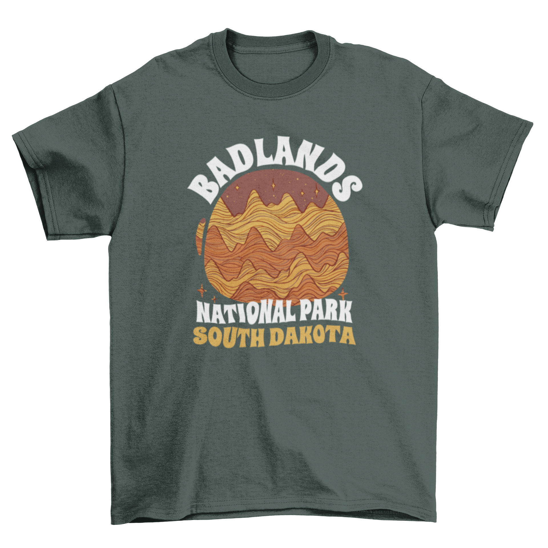 A stylish t-shirt featuring rock formations and the quote 'Badlands National Park South Dakota', perfect for outdoor lovers.