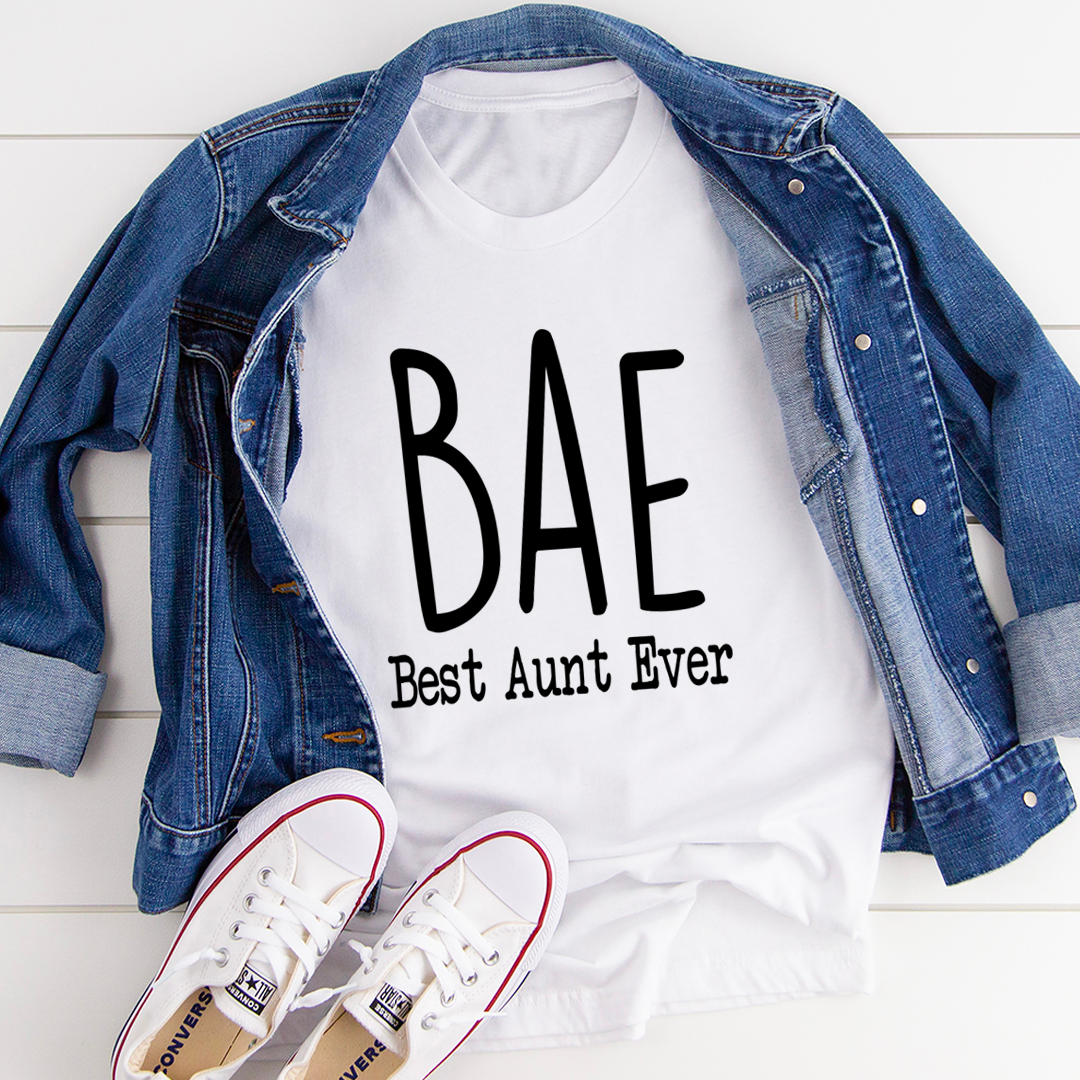 BAE Best Aunt Ever T-Shirt in soft cotton, featuring a vibrant print and durable stitching, perfect for celebrating a beloved aunt.