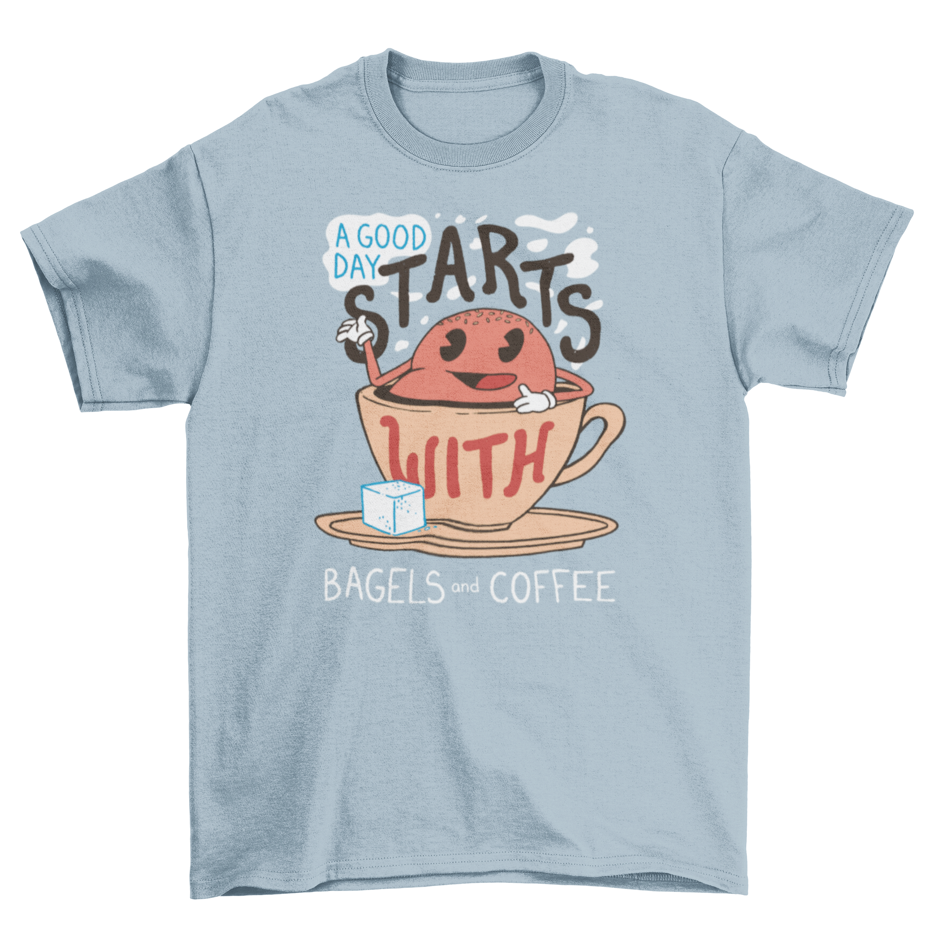 A stylish t-shirt featuring a bagel inside a coffee cup with the caption 'A good day starts with bagels and coffee'.