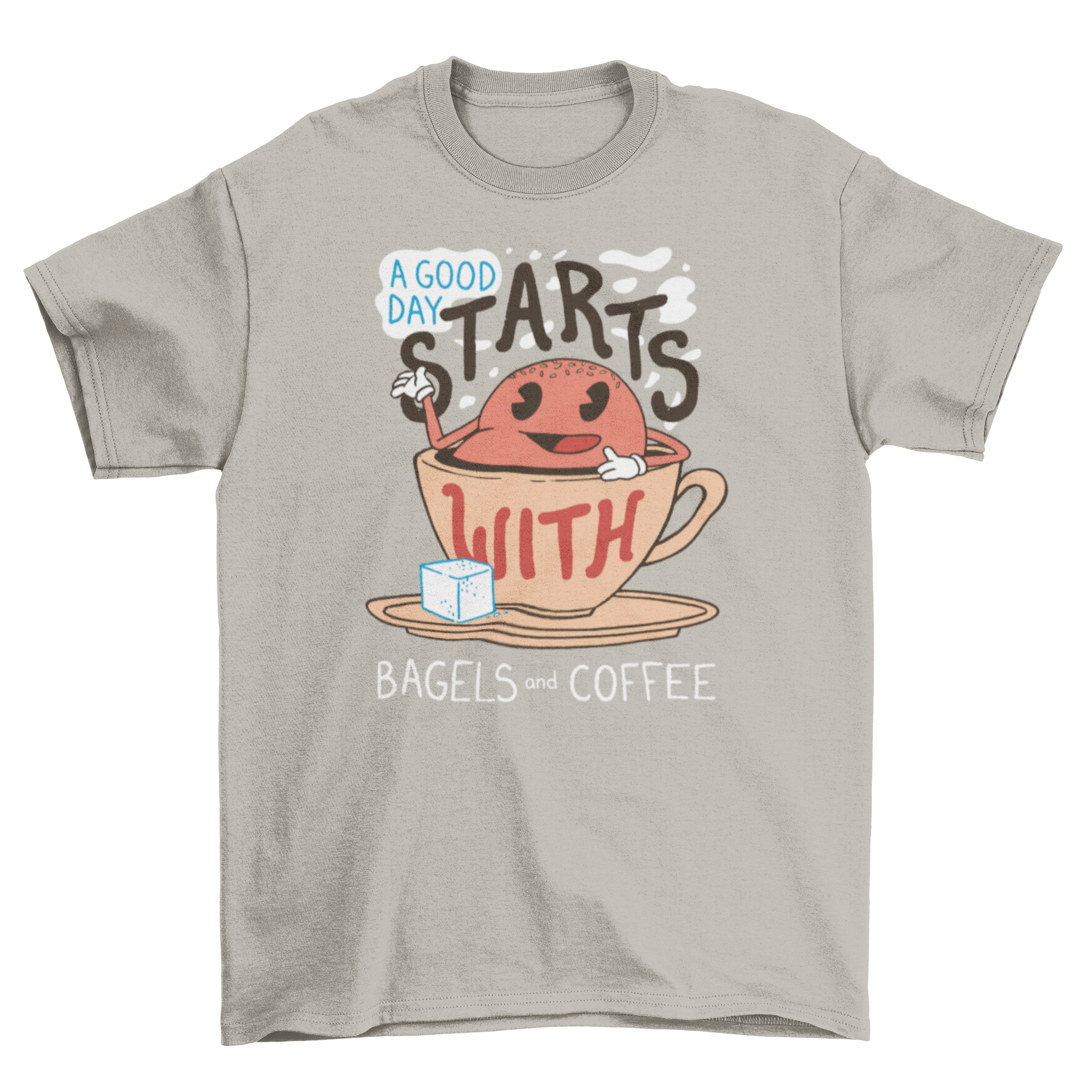 A stylish t-shirt featuring a bagel inside a coffee cup with the caption 'A good day starts with bagels and coffee'.