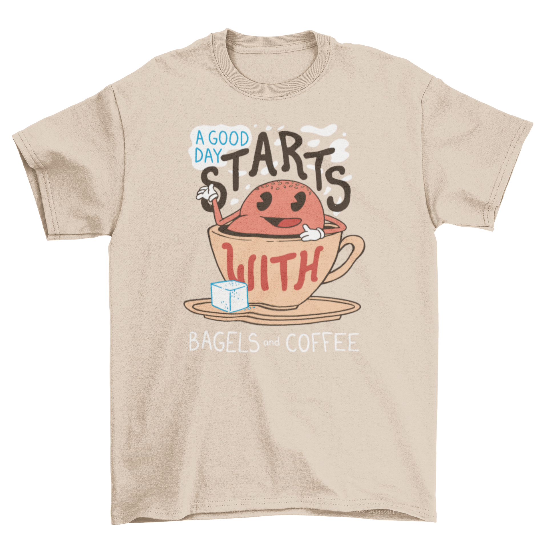 A stylish t-shirt featuring a bagel inside a coffee cup with the caption 'A good day starts with bagels and coffee'.