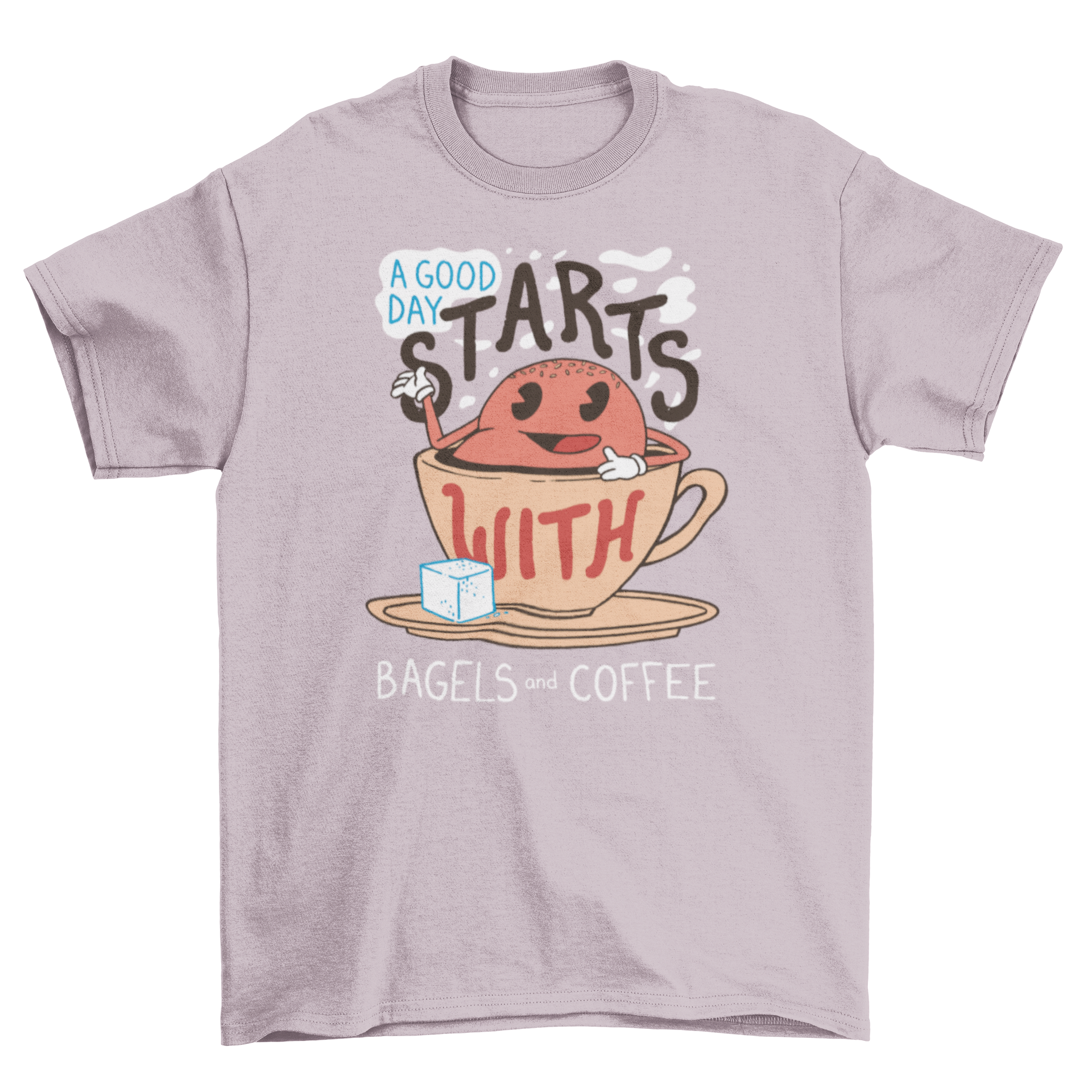 A stylish t-shirt featuring a bagel inside a coffee cup with the caption 'A good day starts with bagels and coffee'.