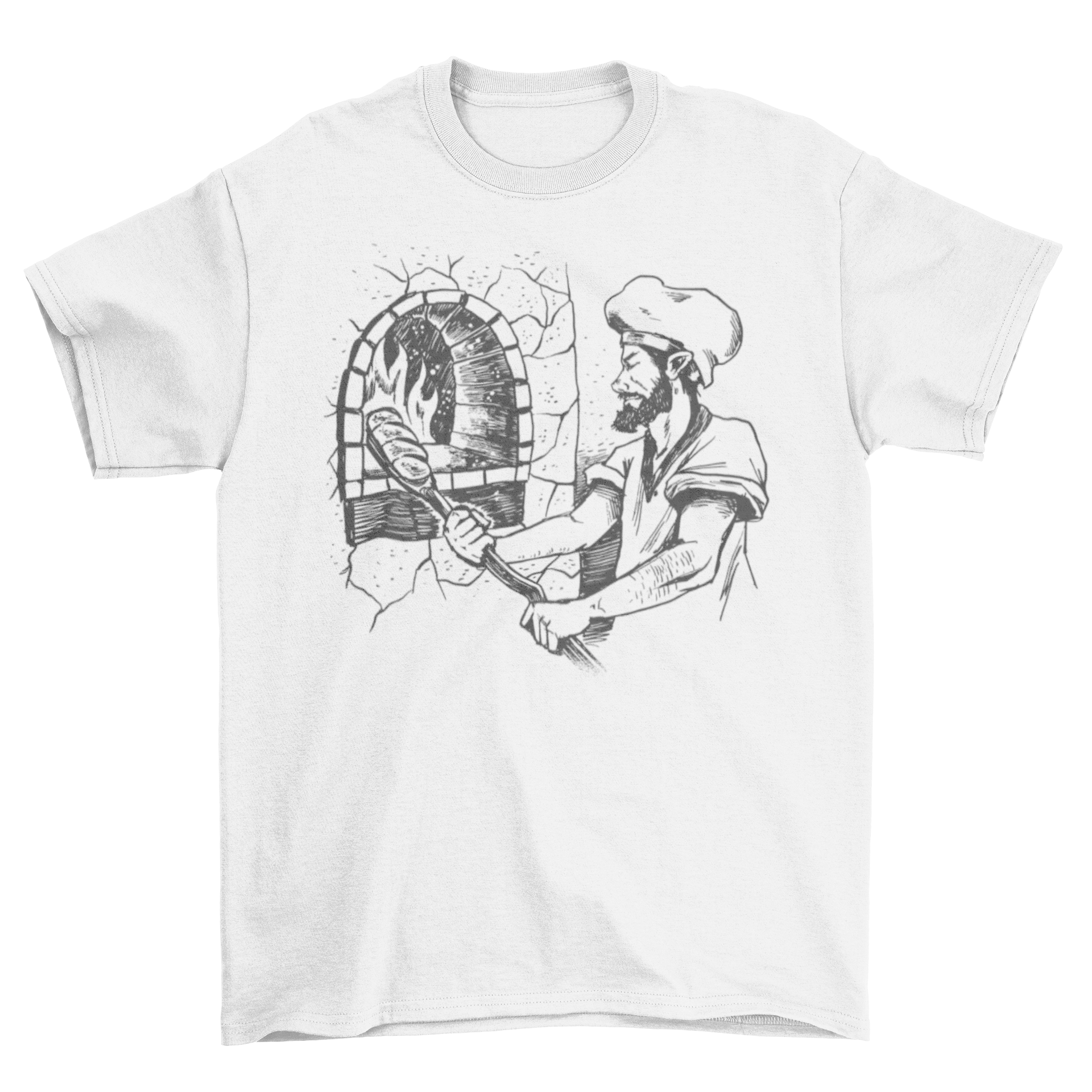 Hand-drawn t-shirt featuring a baker baking bread, showcasing a unique design.