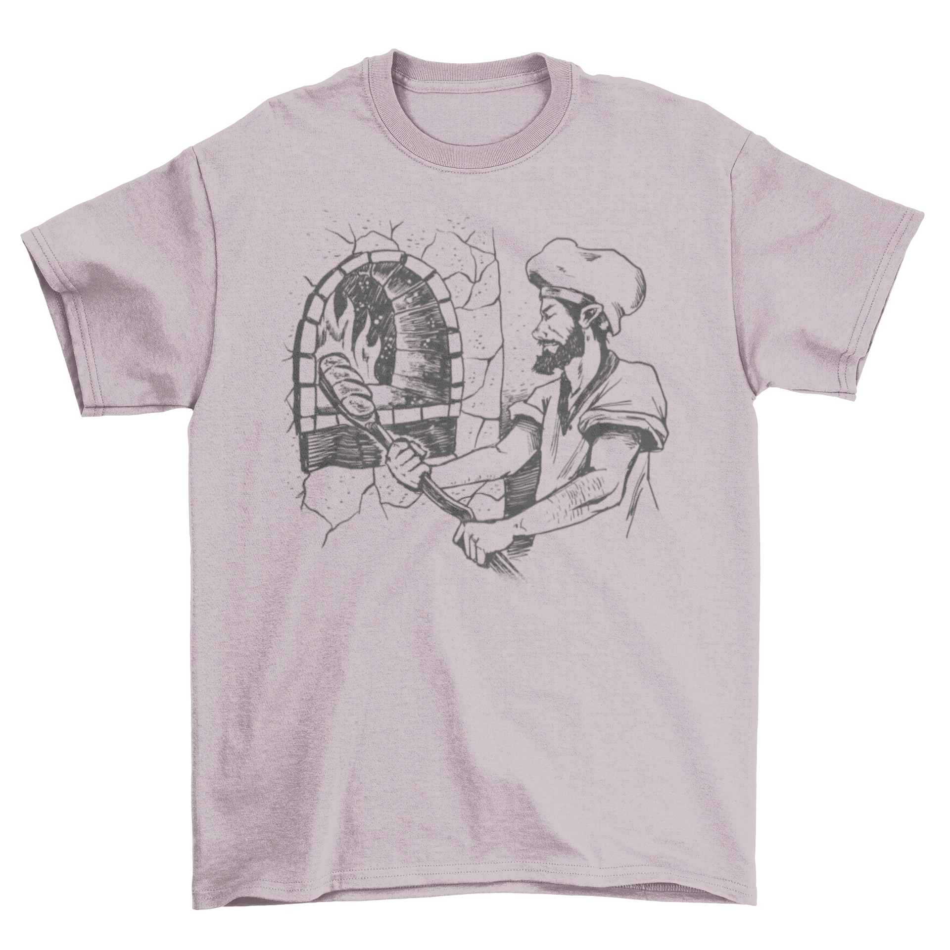 Hand-drawn t-shirt featuring a baker baking bread, showcasing a unique design.