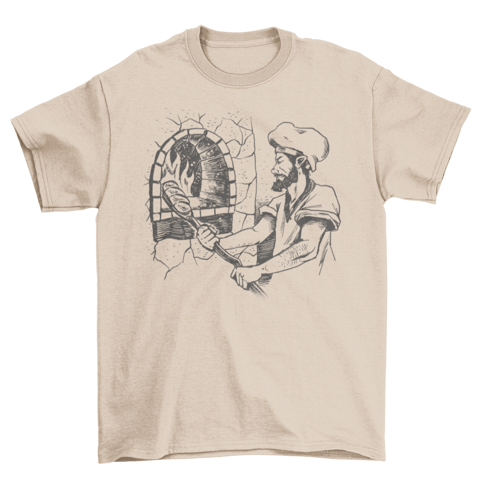 Hand-drawn t-shirt featuring a baker baking bread, showcasing a unique design.