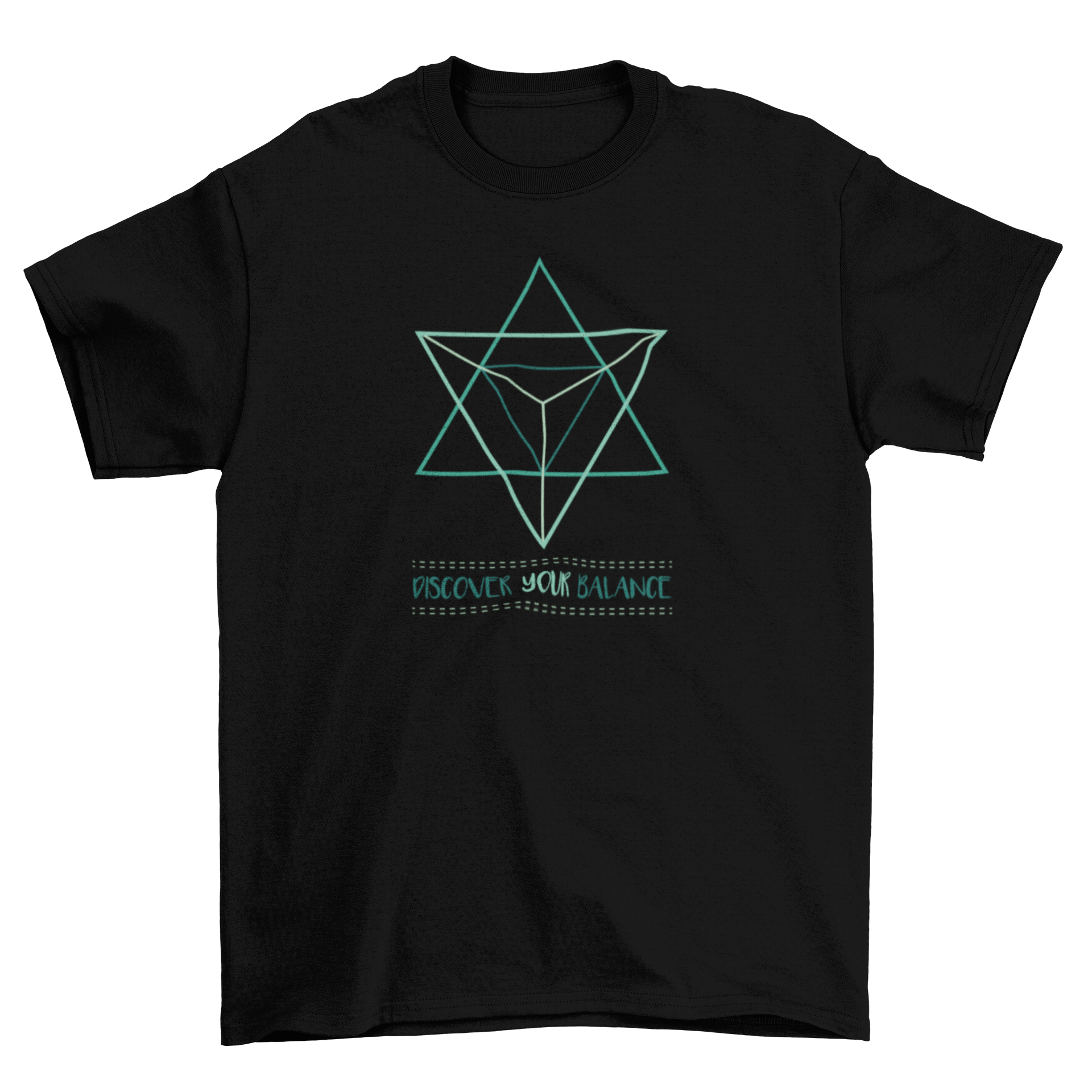 A stylish t-shirt featuring a sacred geometry design with triangles and the text 'Discover Your Balance'.